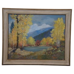 Antique Modena Mountain Lake Trees Autumn Landscape Oil Painting