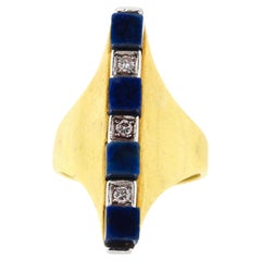 Vintage Modern 18 Karat Yellow Gold Diamond Lapis Architectural Ring