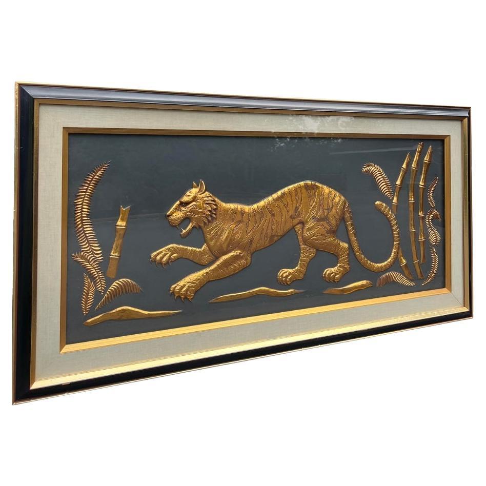 Arte de Pared Vintage Moderno 3D de Tigre en Caja de Sombras de Latón