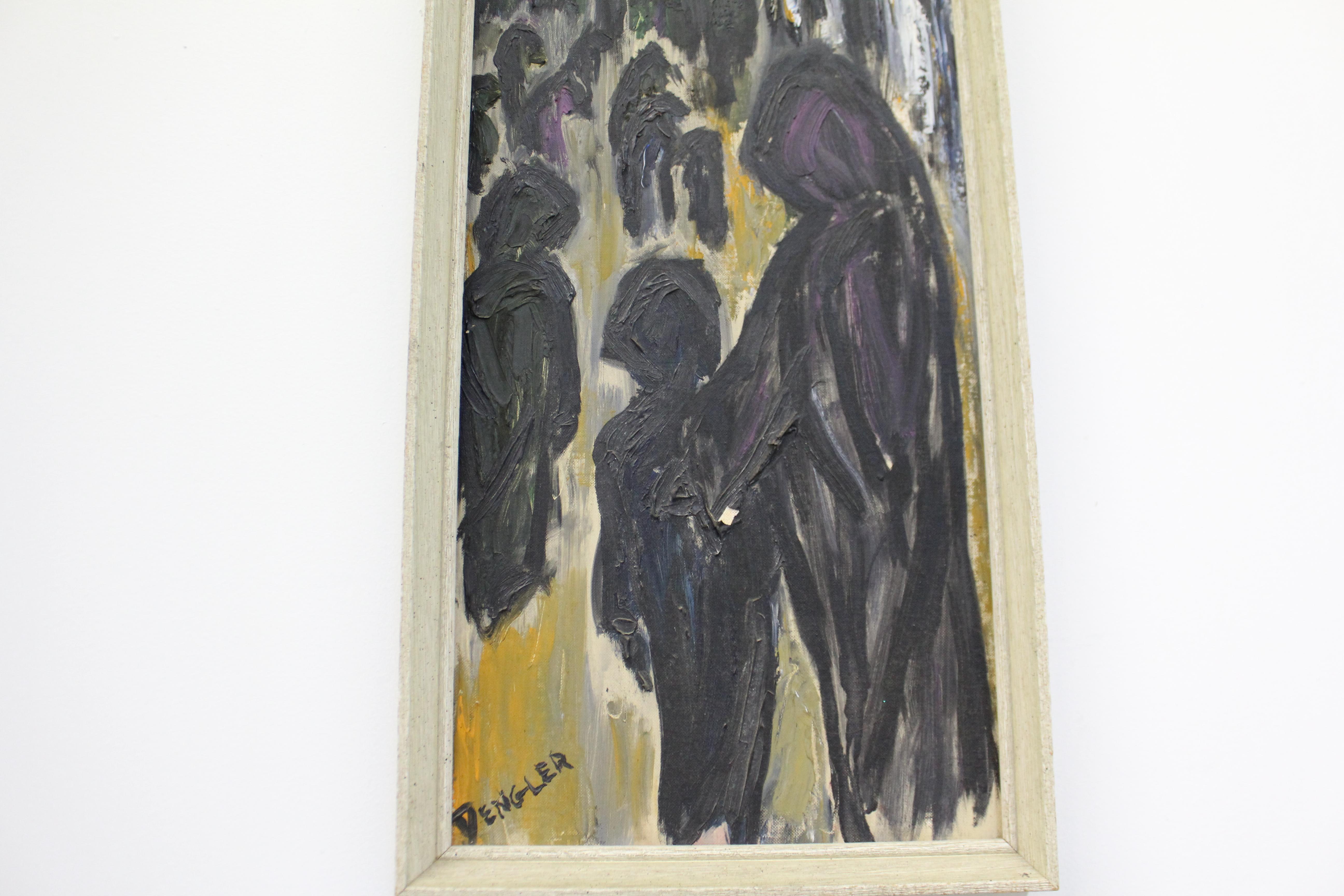 20th Century Vintage Modern Abstract C. Dengler Dark Figures Oil Painting on Canvas For Sale