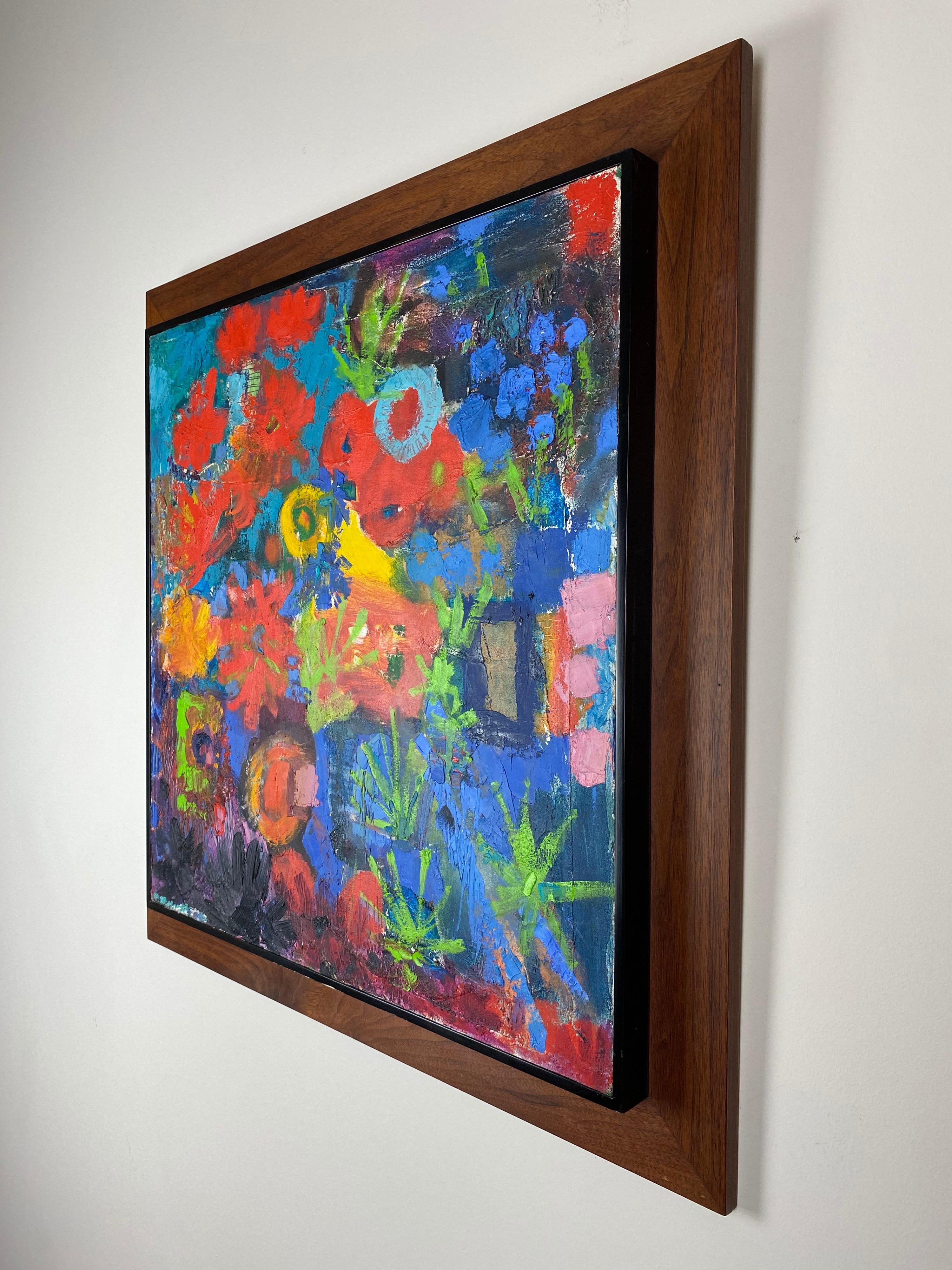 Vivid color and wonderful compositions to this abstract painting. Contrasting colors and abstract arrangement with a fine walnut frame.