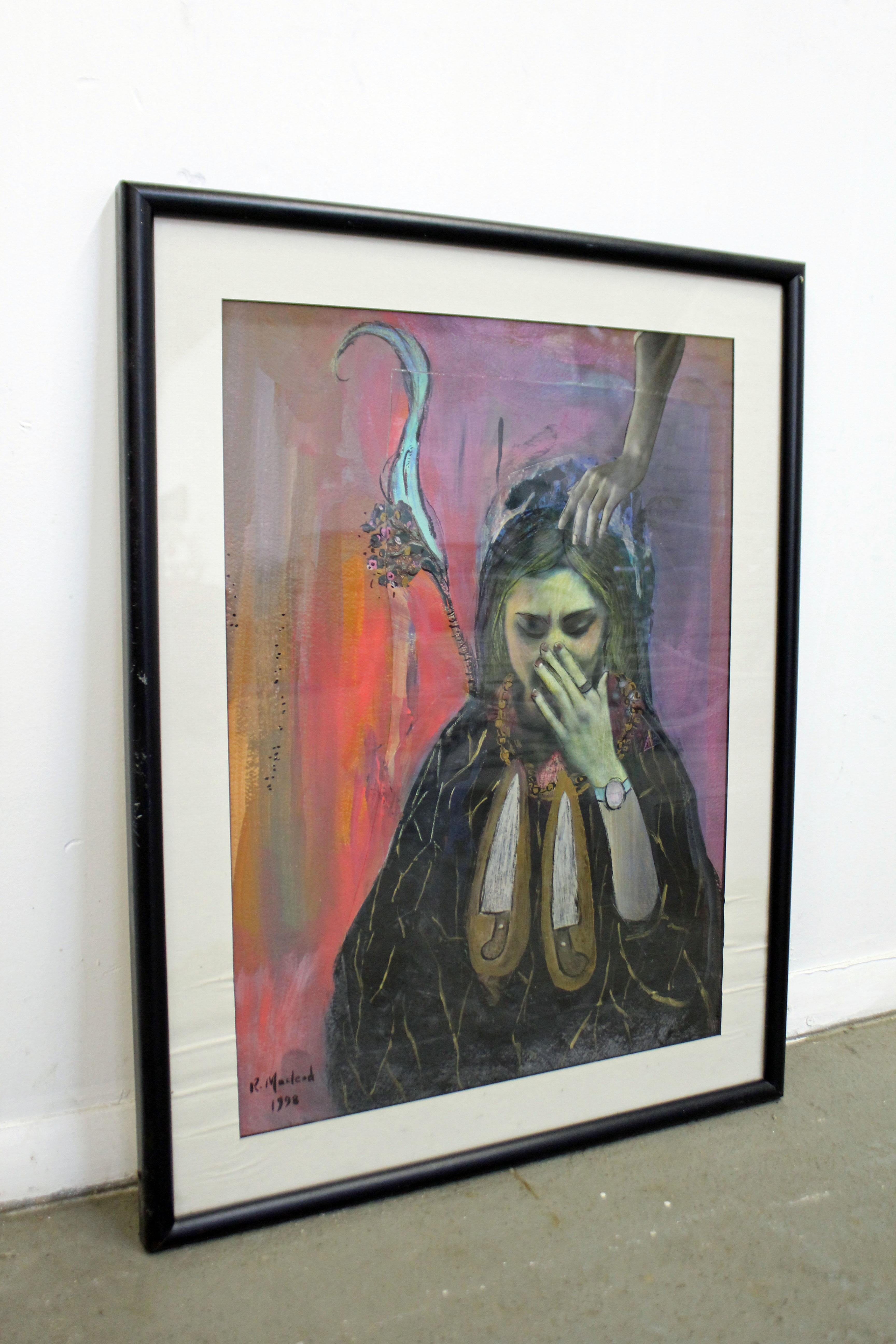 Offered is a vintage modern abstract oil painting of a woman crying with a hand on her head, as well as floral and knife details on paper. Titled 'Sorrow' on back and signed by R. Macleod, 1998. The painting is matted and framed with glass. It is in