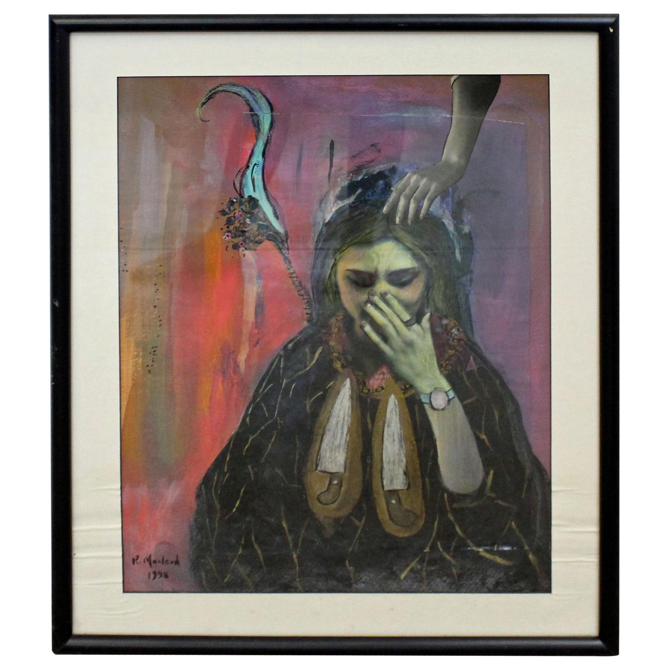 Vintage Modern Abstract Oil 'Sorrow' Painting of Woman Crying by R. Macleod