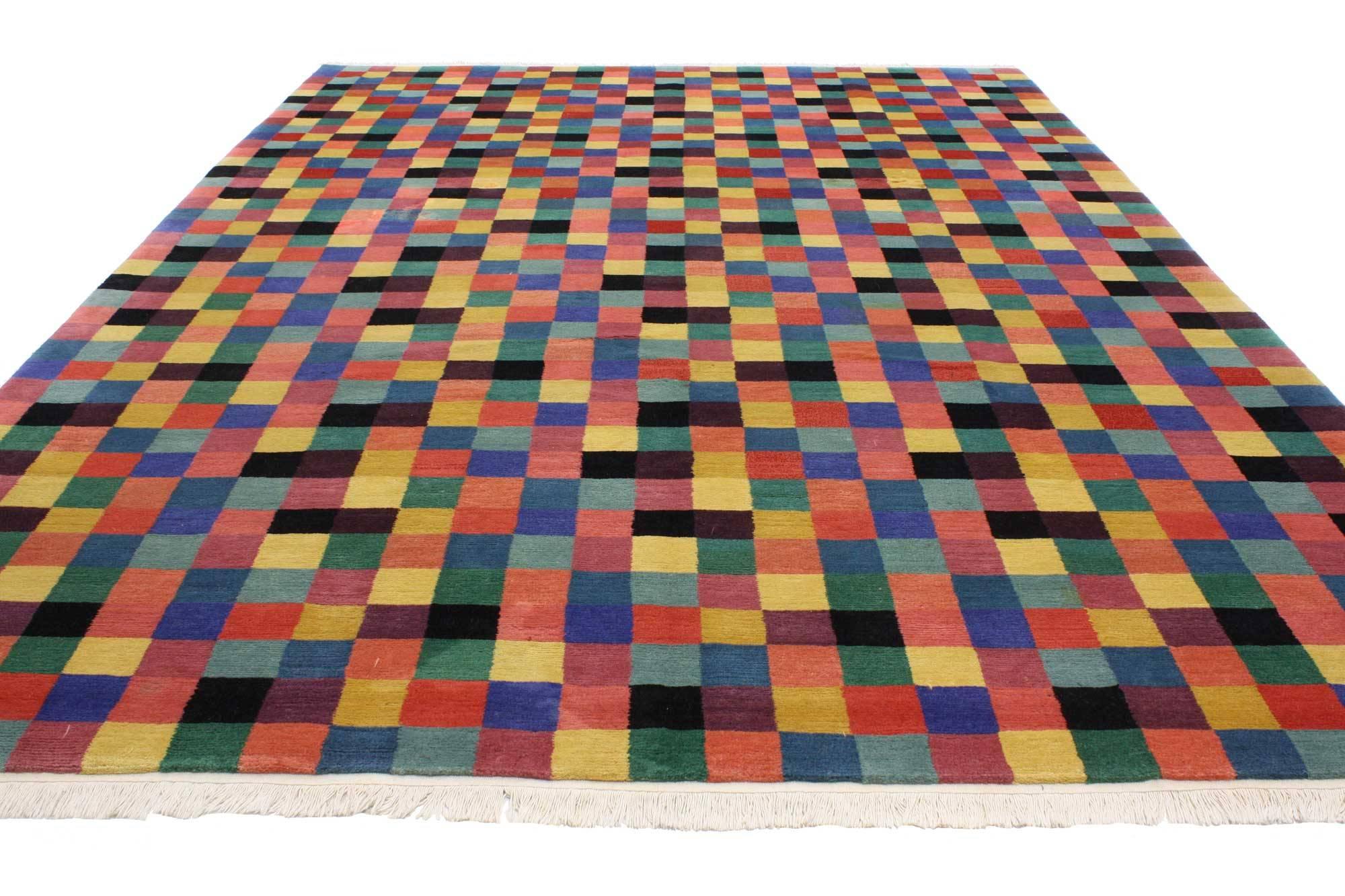 76815, vintage modern area rug with Cubism style after Douglas Coupland. Bright and dynamic, this vintage modern area rug features a multi-color checkerboard in the fashion of Cubism. Like a burst of confetti or the interlocking shapes of a game of