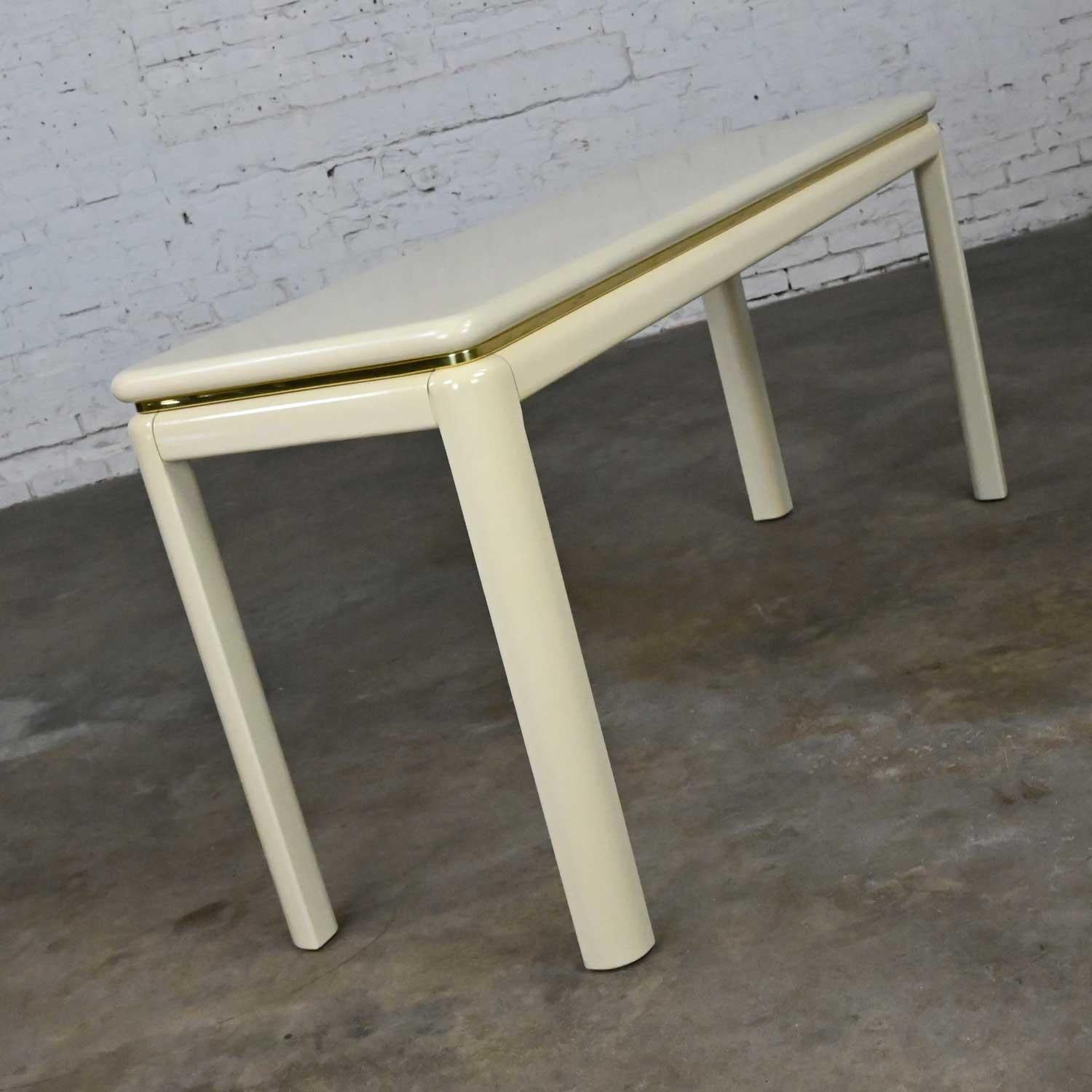 Late 20th Century Vintage Modern Art Deco Revival Lane Sofa Console Table White Lacquer Brass Trim For Sale