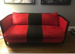 Vintage Modern Baker Cabriole Sofa Ebonized Frame, Red and Black, Ebonized Frame