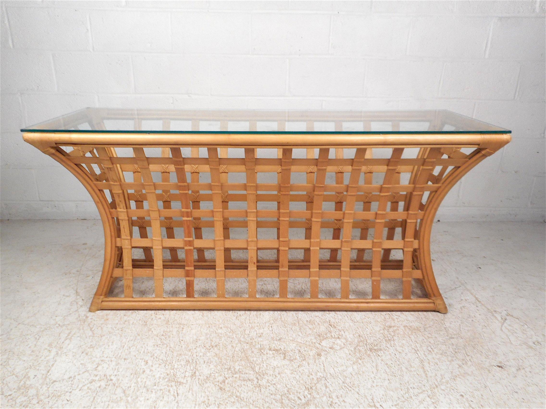 Vintage Modern Bamboo and Glass Console Table In Good Condition In Brooklyn, NY