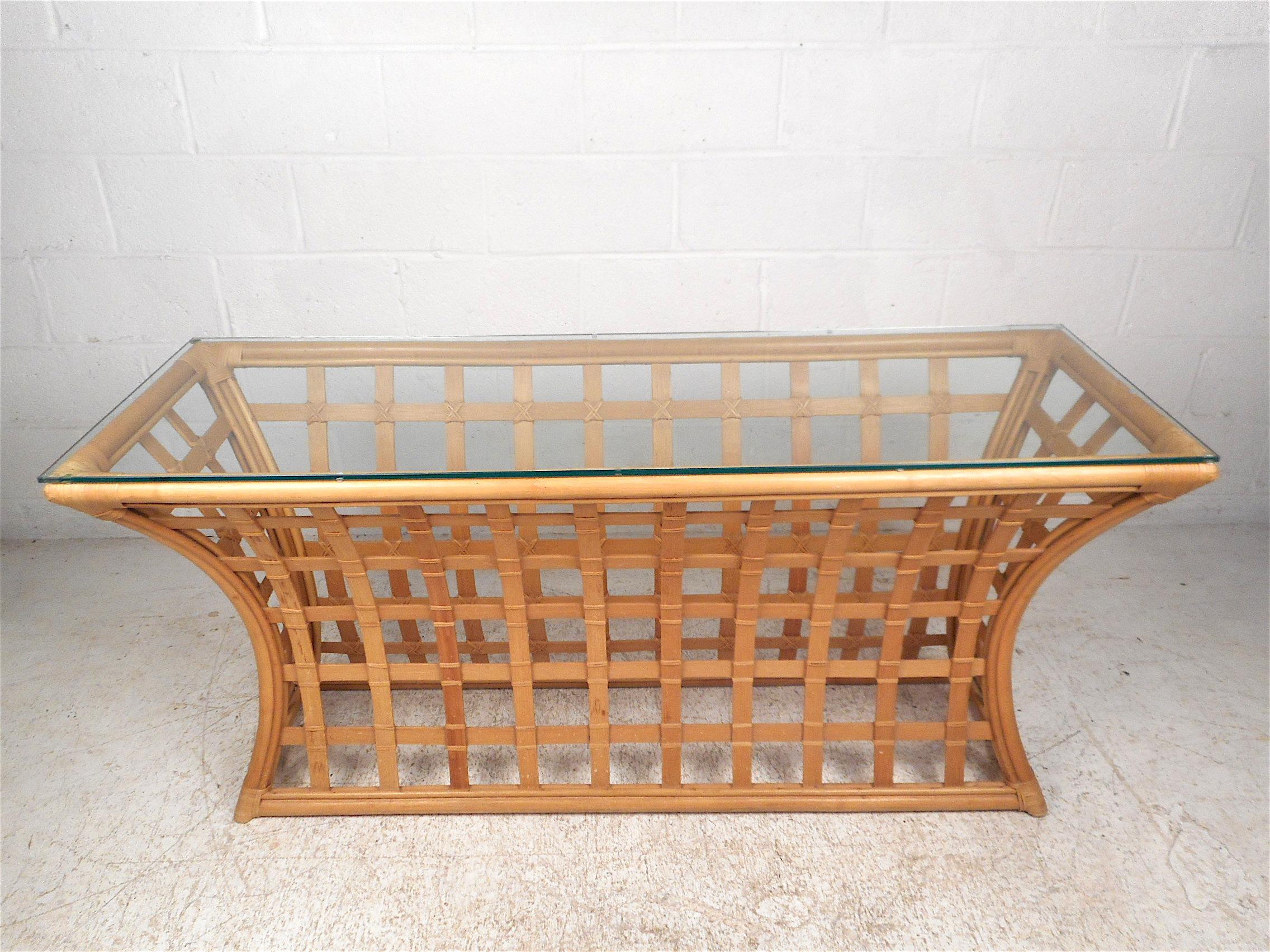 Mid-20th Century Vintage Modern Bamboo and Glass Console Table
