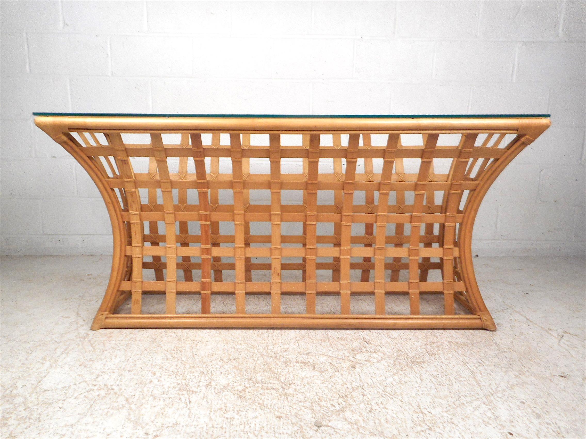 Vintage Modern Bamboo and Glass Console Table 1