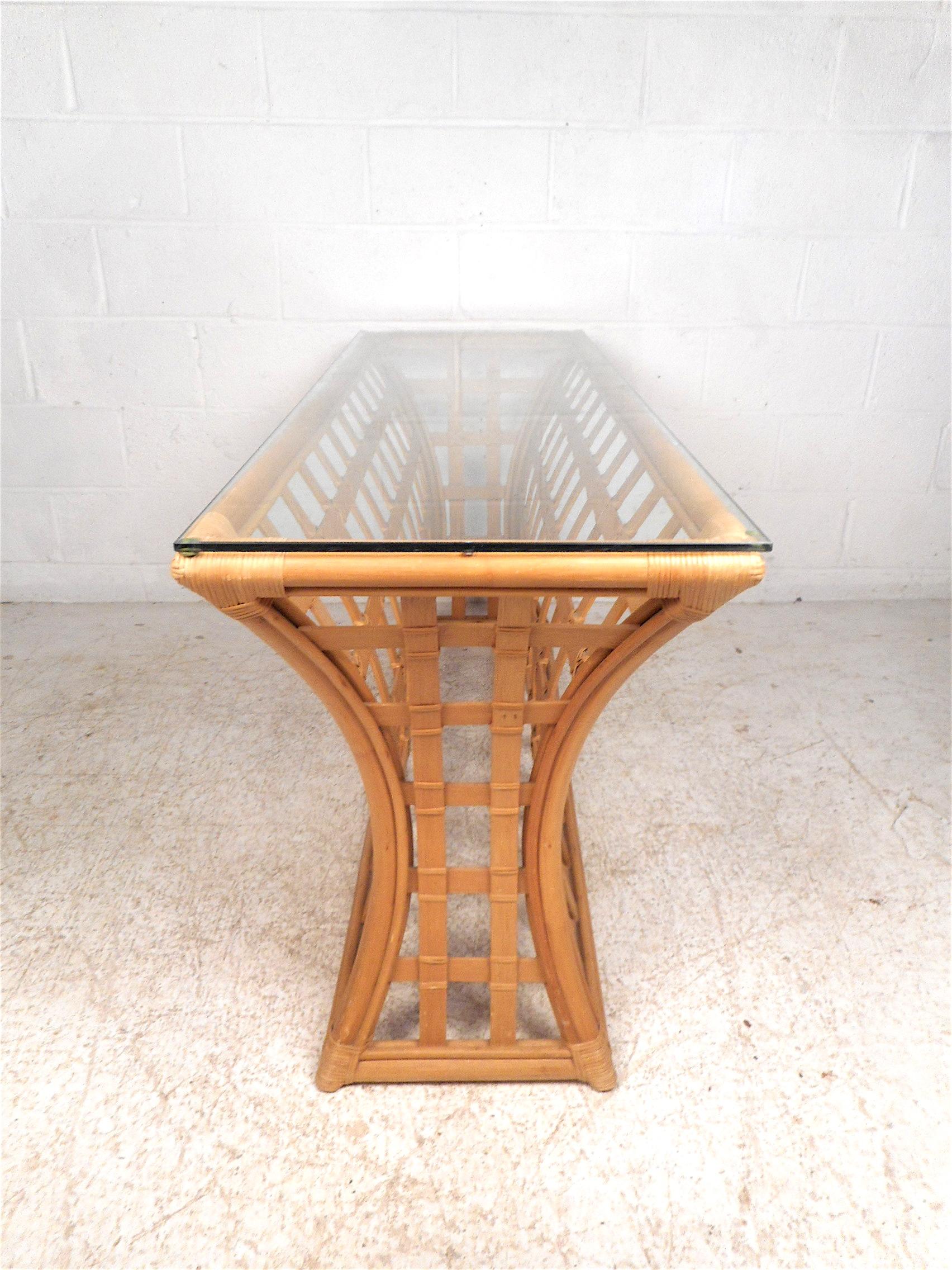 Vintage Modern Bamboo and Glass Console Table 2