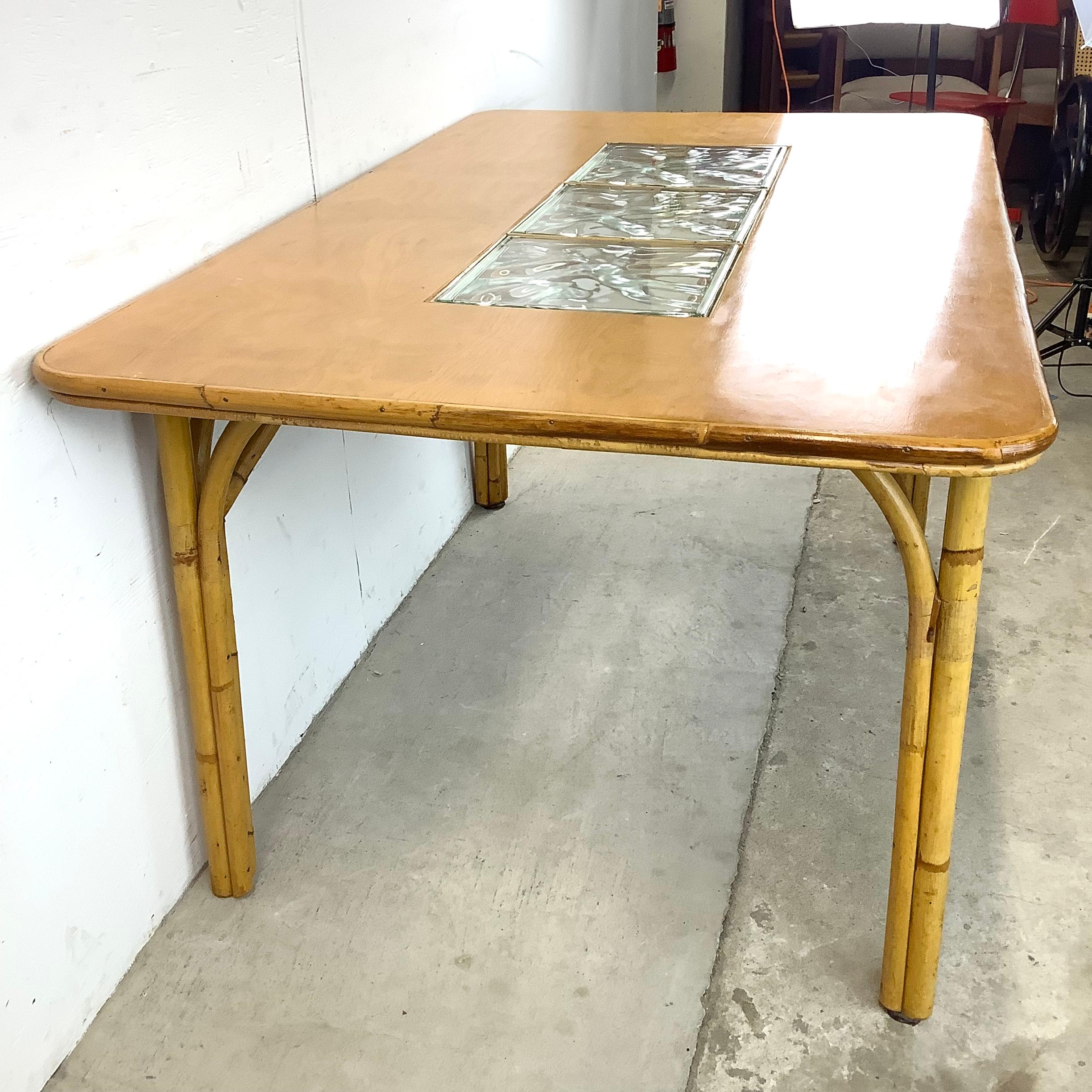 Unknown Vintage Modern Bamboo Dining Table With Glass Inserts For Sale