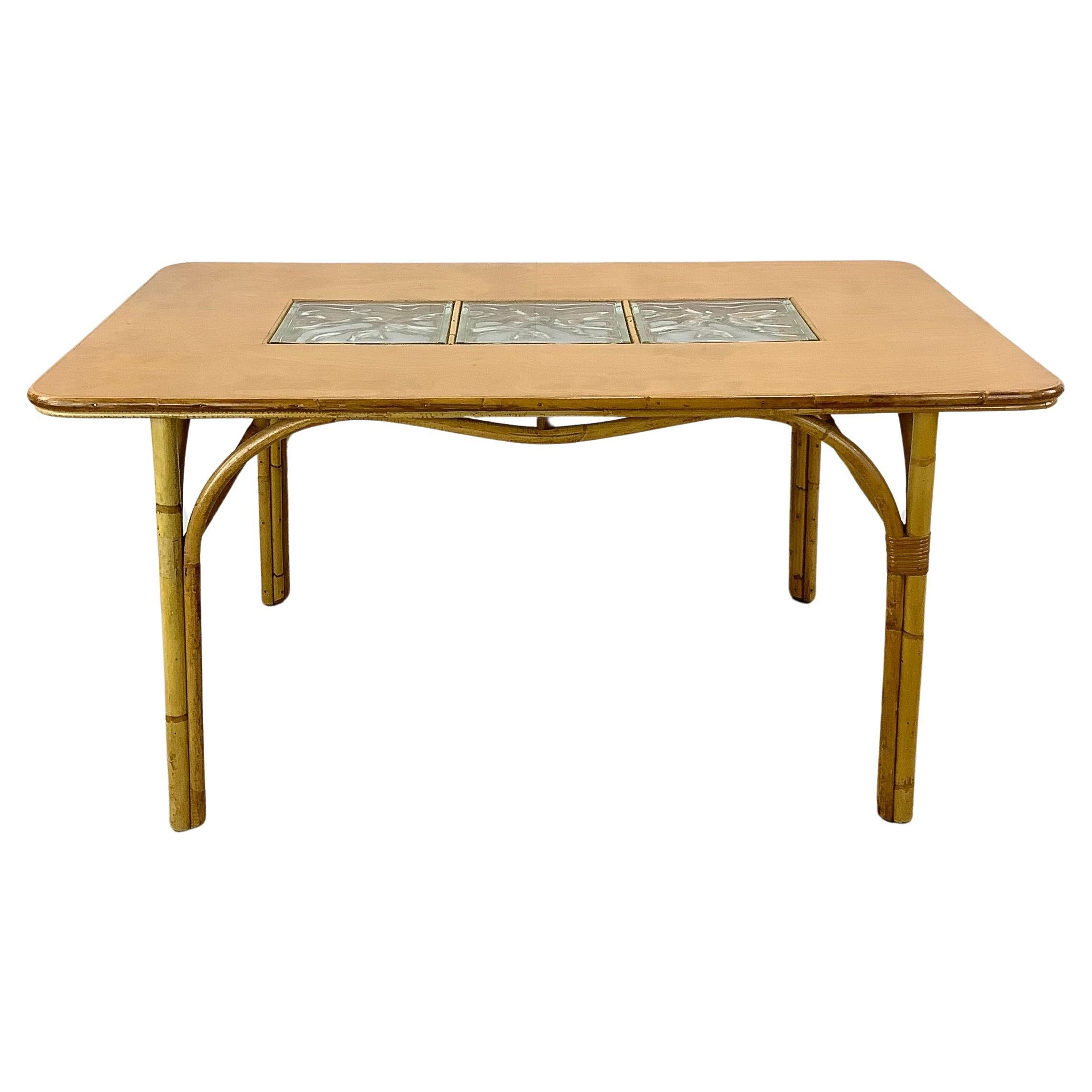 Vintage Modern Bamboo Dining Table With Glass Inserts For Sale