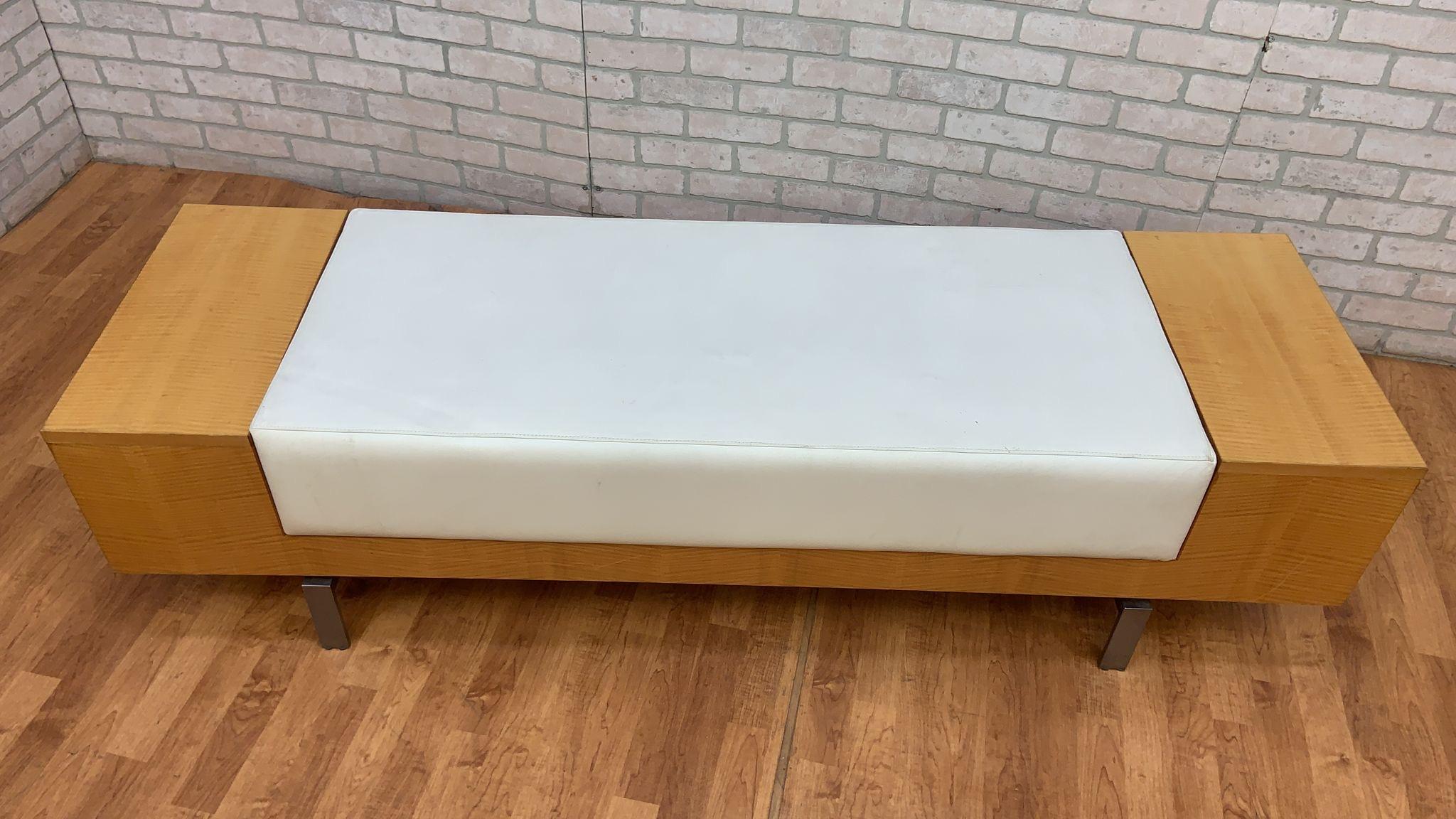 Vintage Modern Birchwood and White Leather Commercial Bench 5