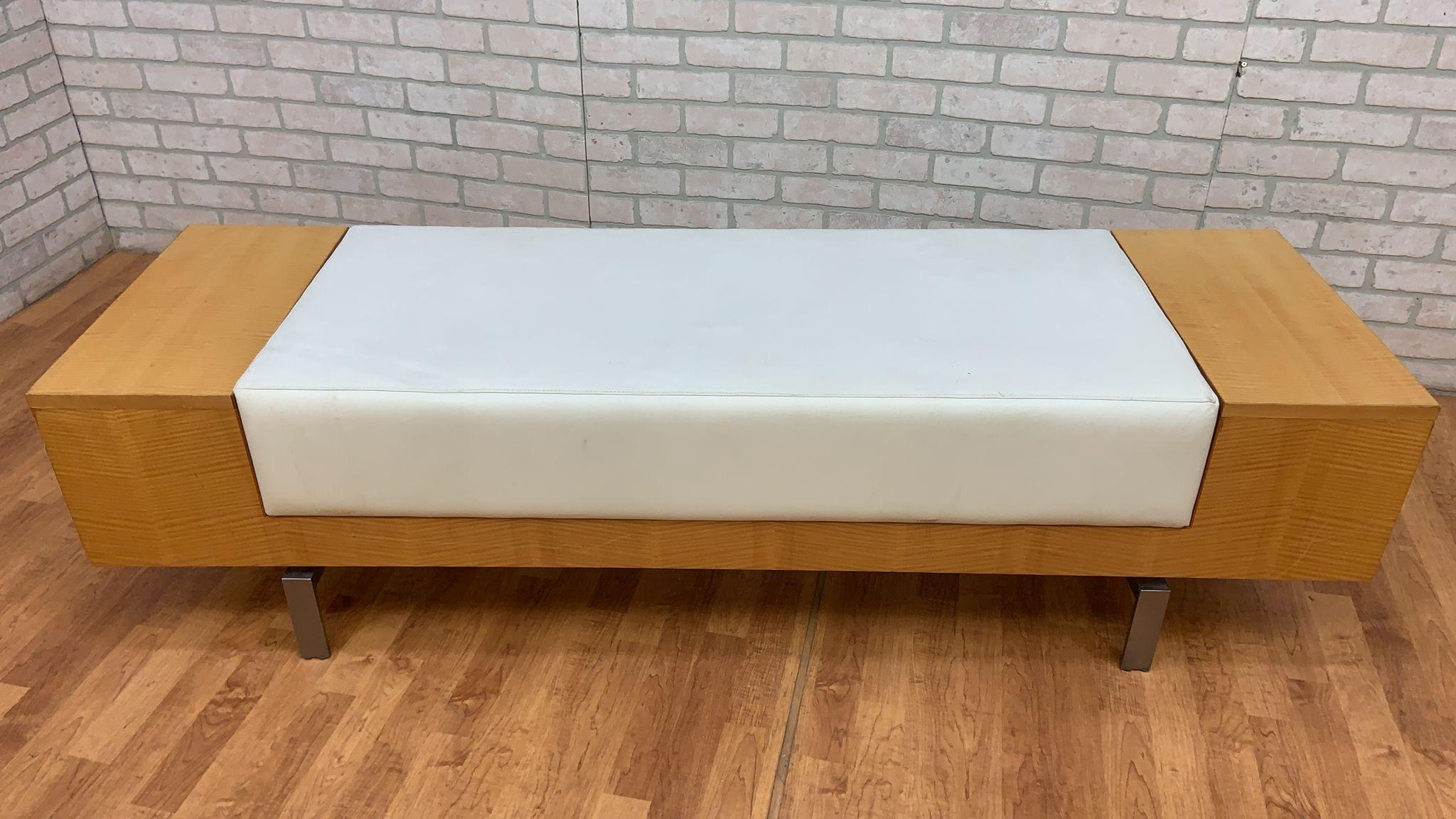 Vintage Modern Birchwood and White Leather Commercial Bench 6
