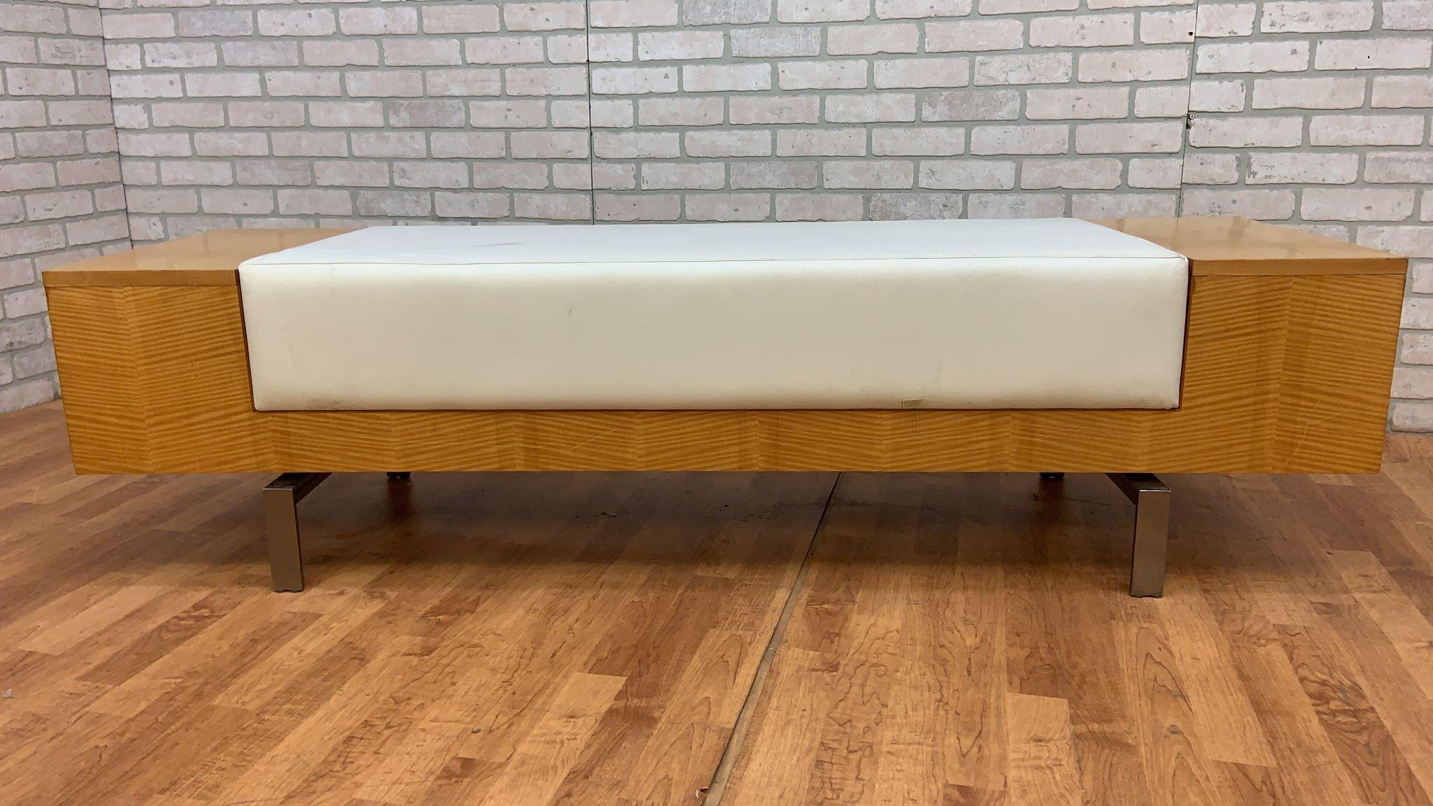 Vintage Modern Birchwood and White Leather Commercial Bench 8