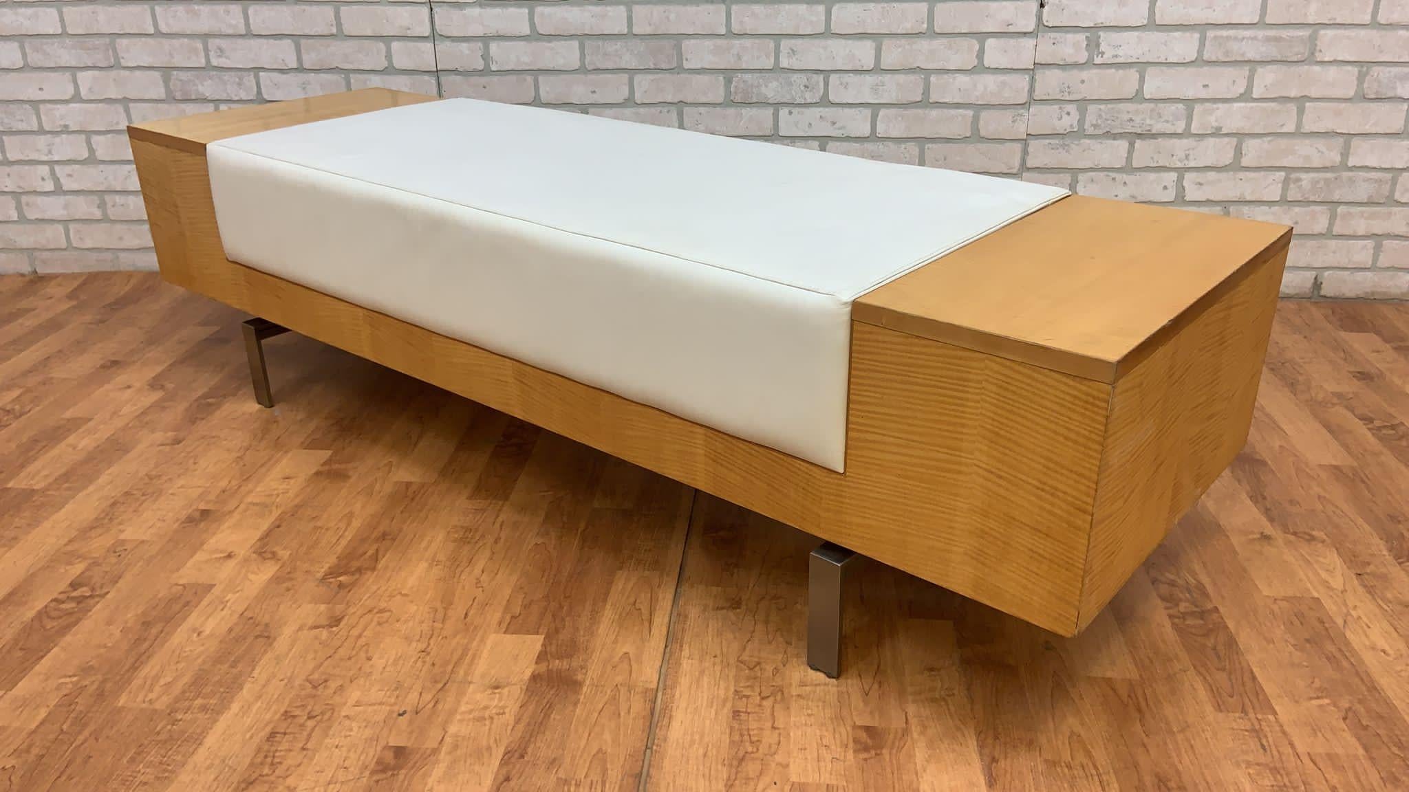 American Vintage Modern Birchwood and White Leather Commercial Bench