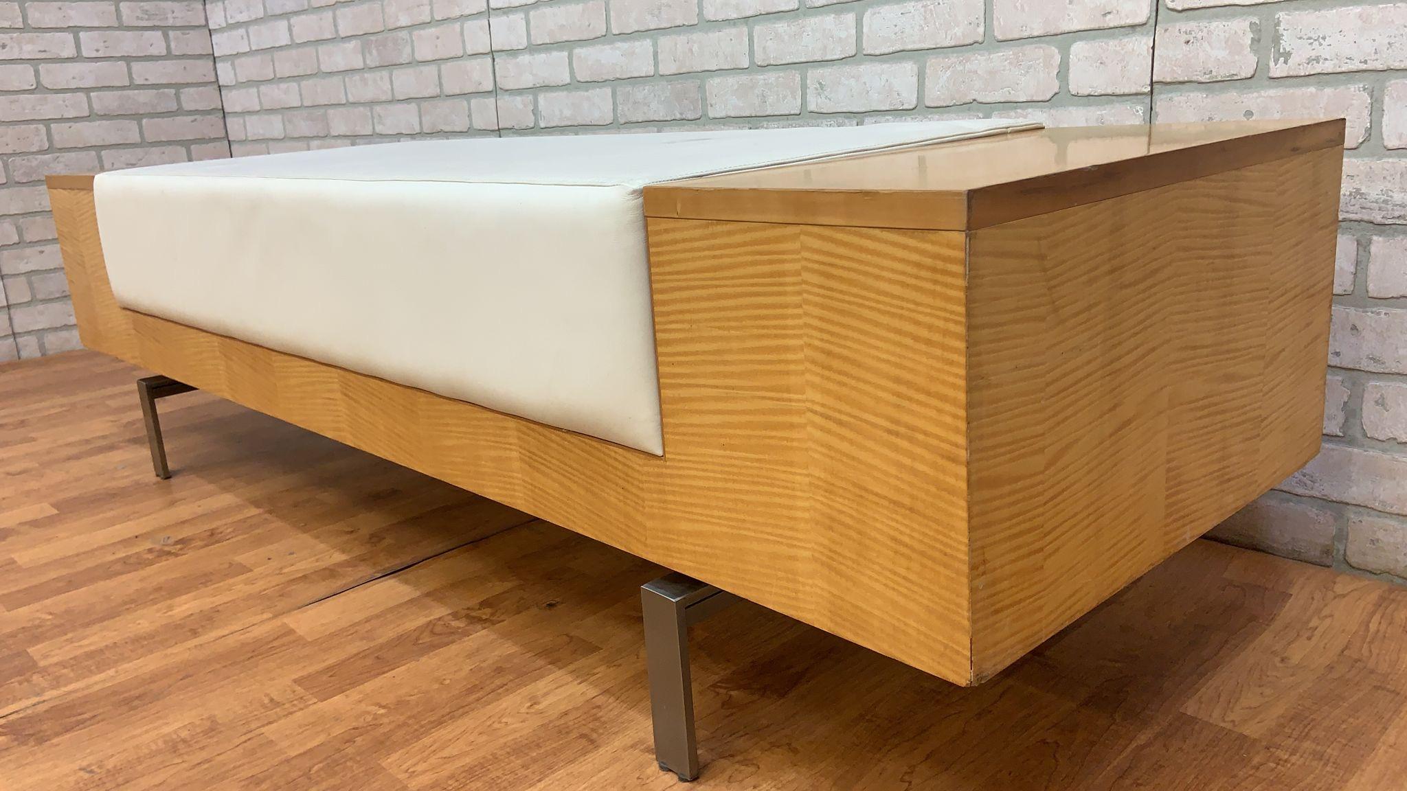 Late 20th Century Vintage Modern Birchwood and White Leather Commercial Bench