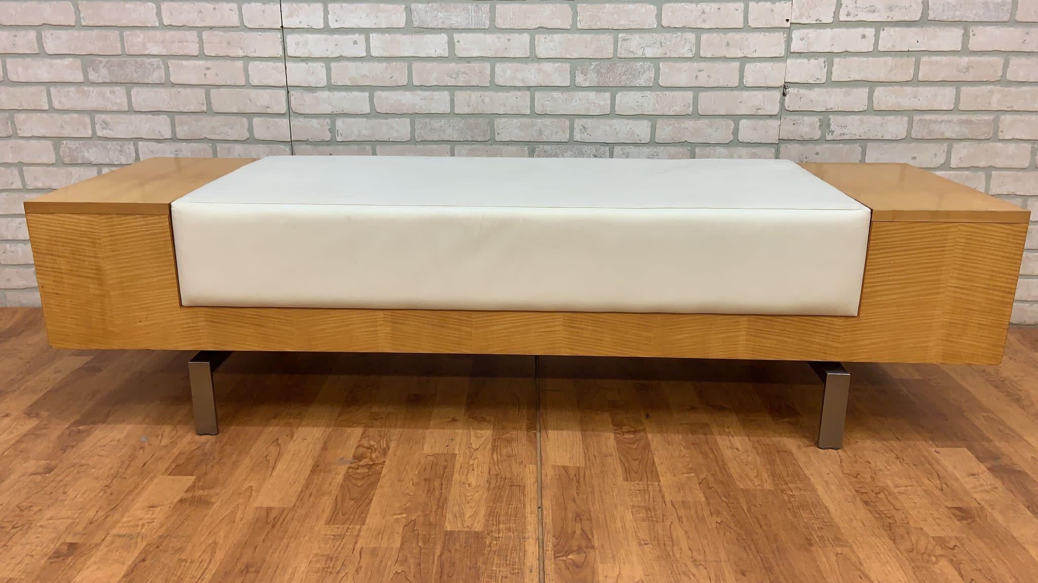 Vintage Modern Birchwood and White Leather Commercial Bench 1