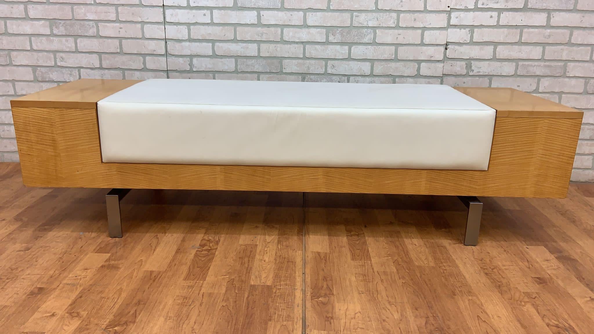 Vintage Modern Birchwood and White Leather Commercial Bench 2
