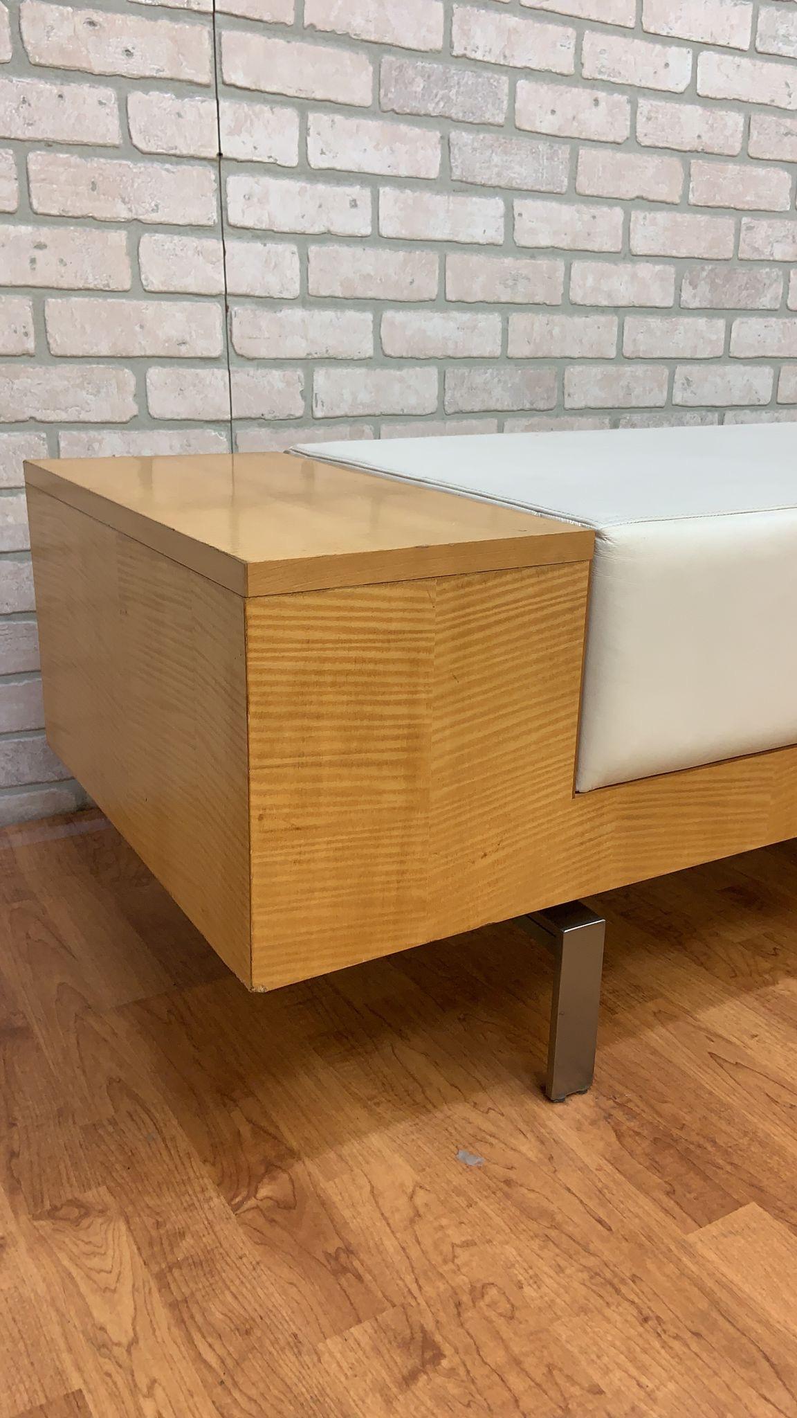 Vintage Modern Birchwood and White Leather Commercial Bench 4