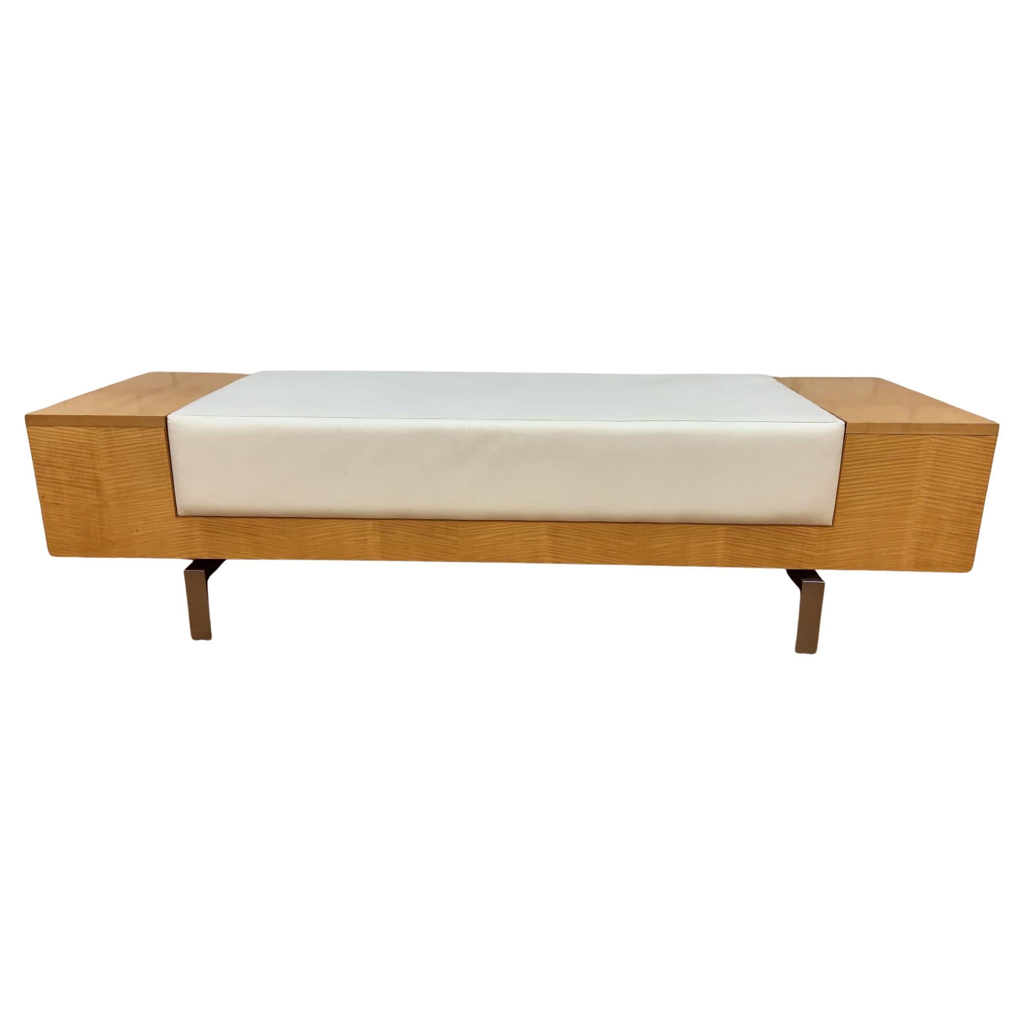 Vintage Modern Birchwood and White Leather Commercial Bench