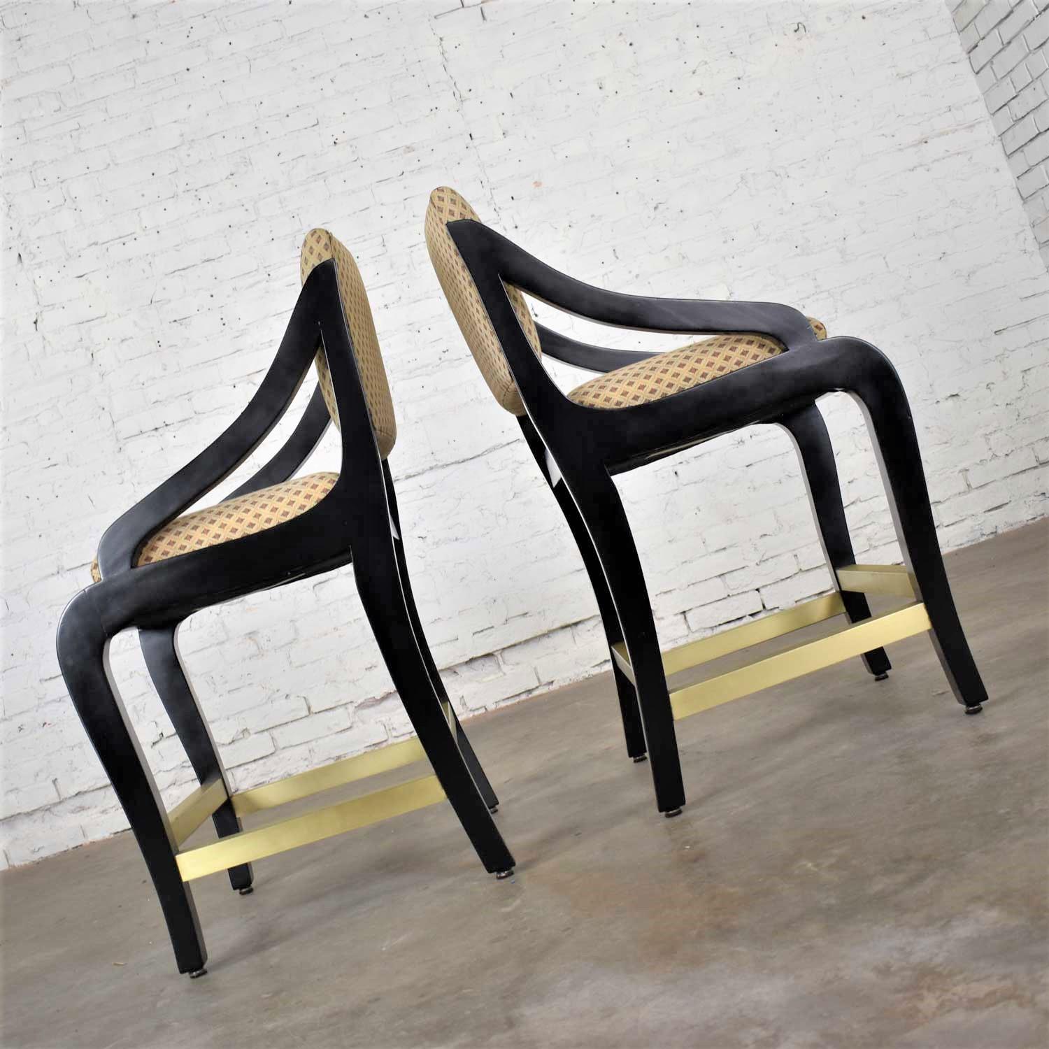 Vintage Modern Black Painted Brass & Upholstered Counter Height Bar Stools, Pair 3