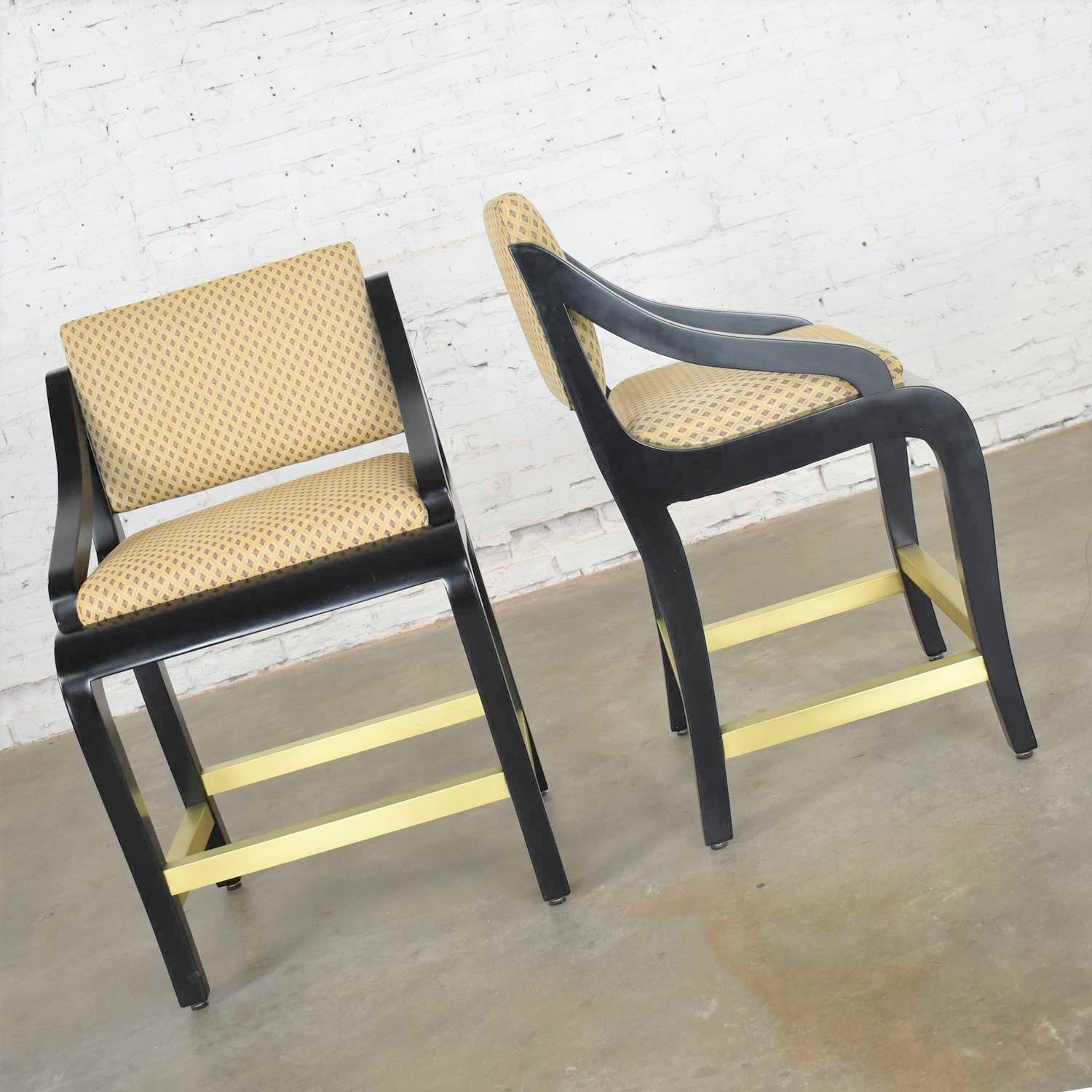 American Vintage Modern Black Painted Brass & Upholstered Counter Height Bar Stools, Pair