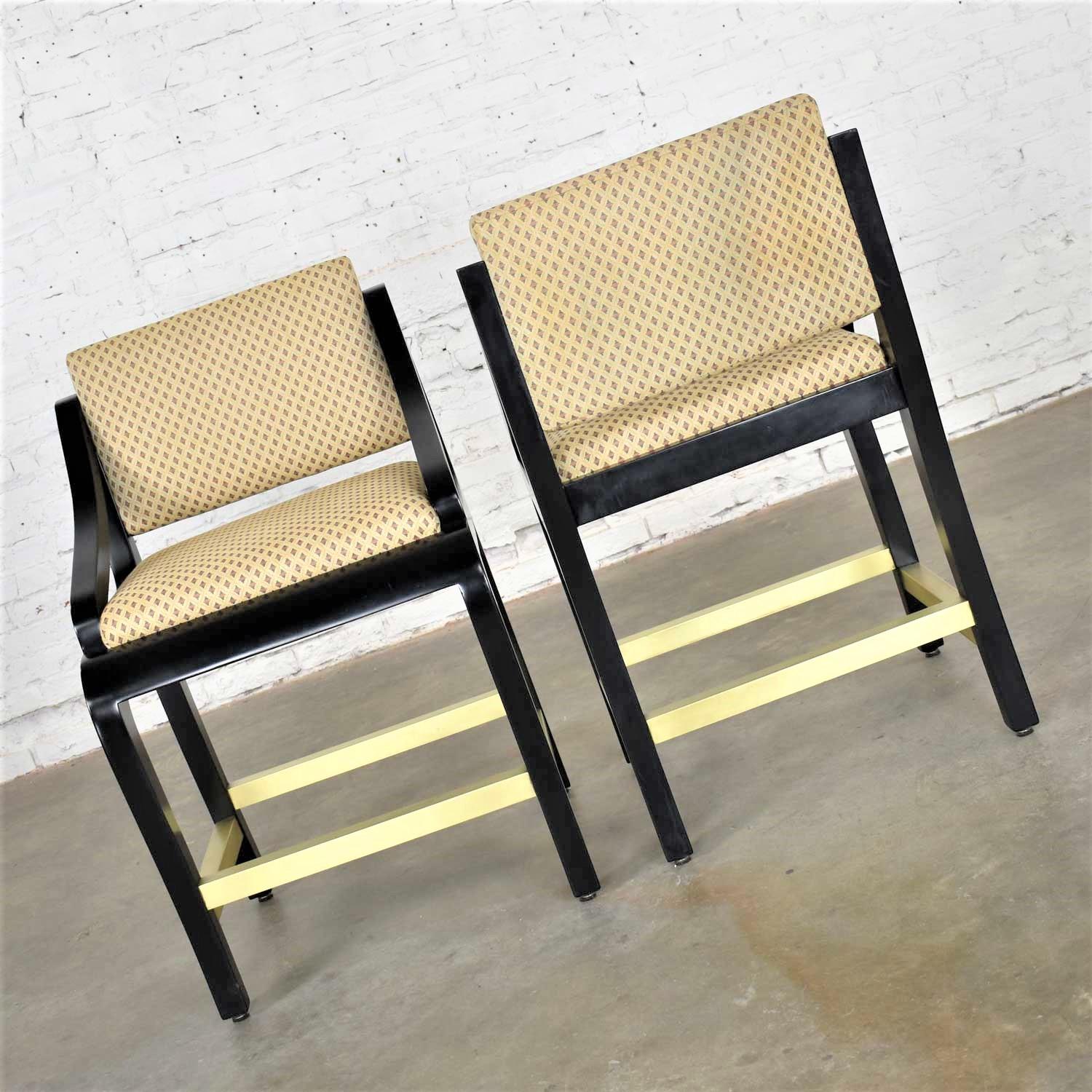 Late 20th Century Vintage Modern Black Painted Brass & Upholstered Counter Height Bar Stools, Pair