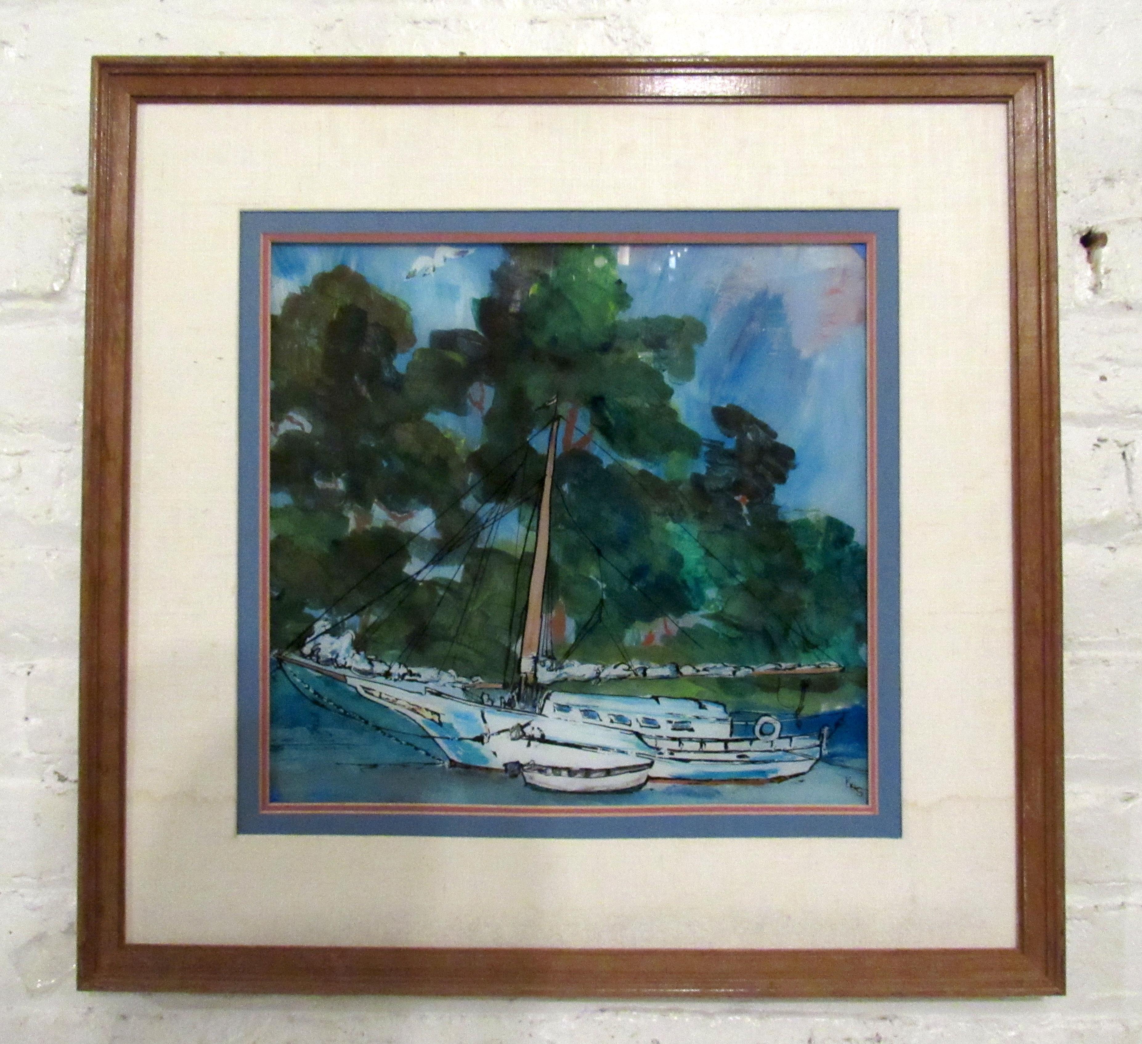 Framed Mid-Century Modern painting of a boat on glass, this art would make a great addition to any home or office.

Please confirm item location with dealer (NJ or NY).