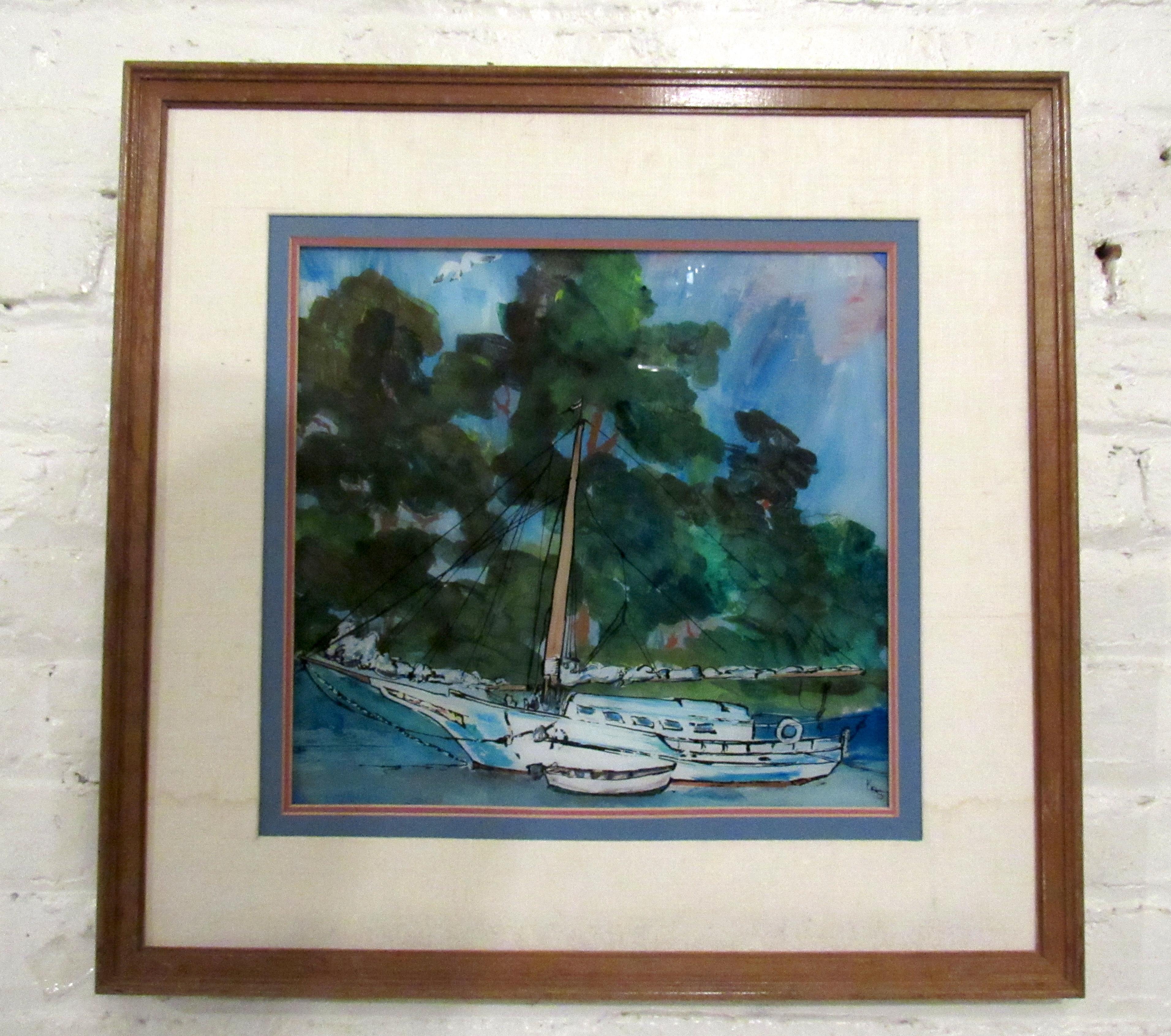Mid-Century Modern Vintage Modern Boat Painting on Glass For Sale