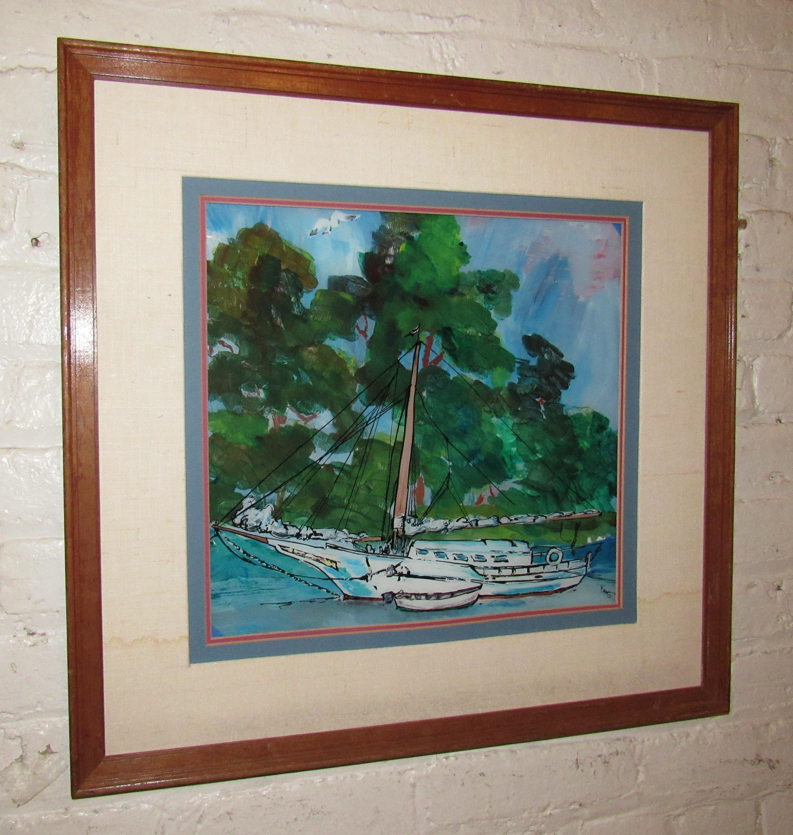 Vintage Modern Boat Painting on Glass In Good Condition For Sale In Brooklyn, NY