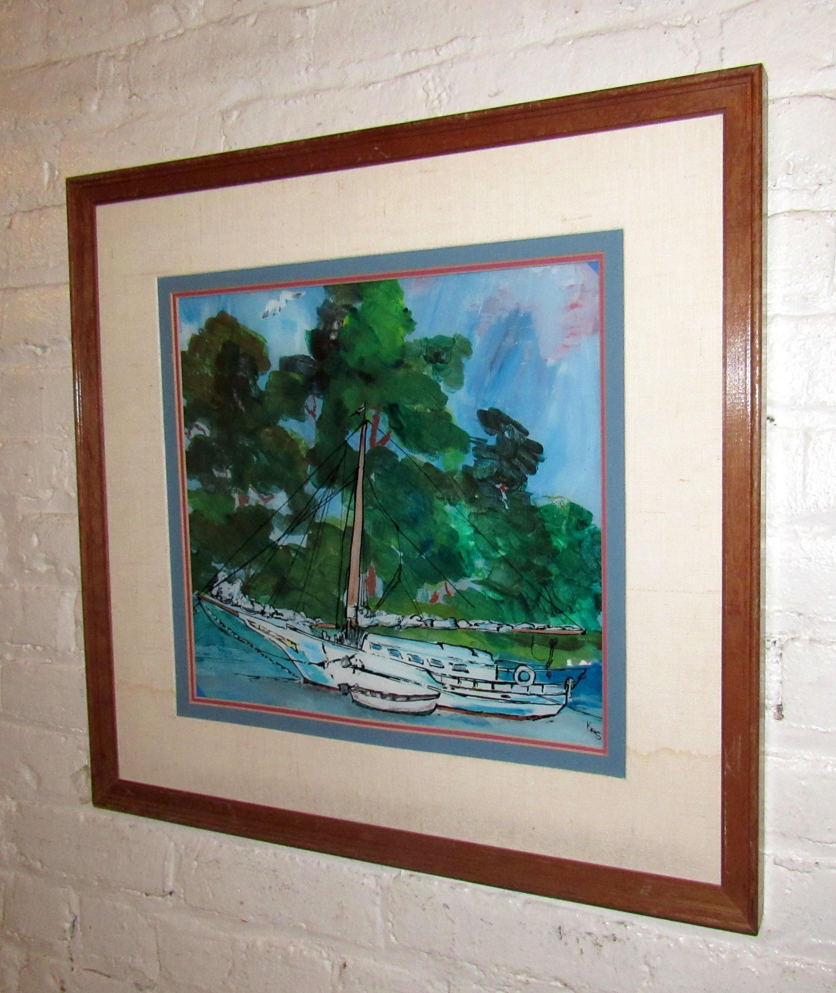 Mid-20th Century Vintage Modern Boat Painting on Glass For Sale