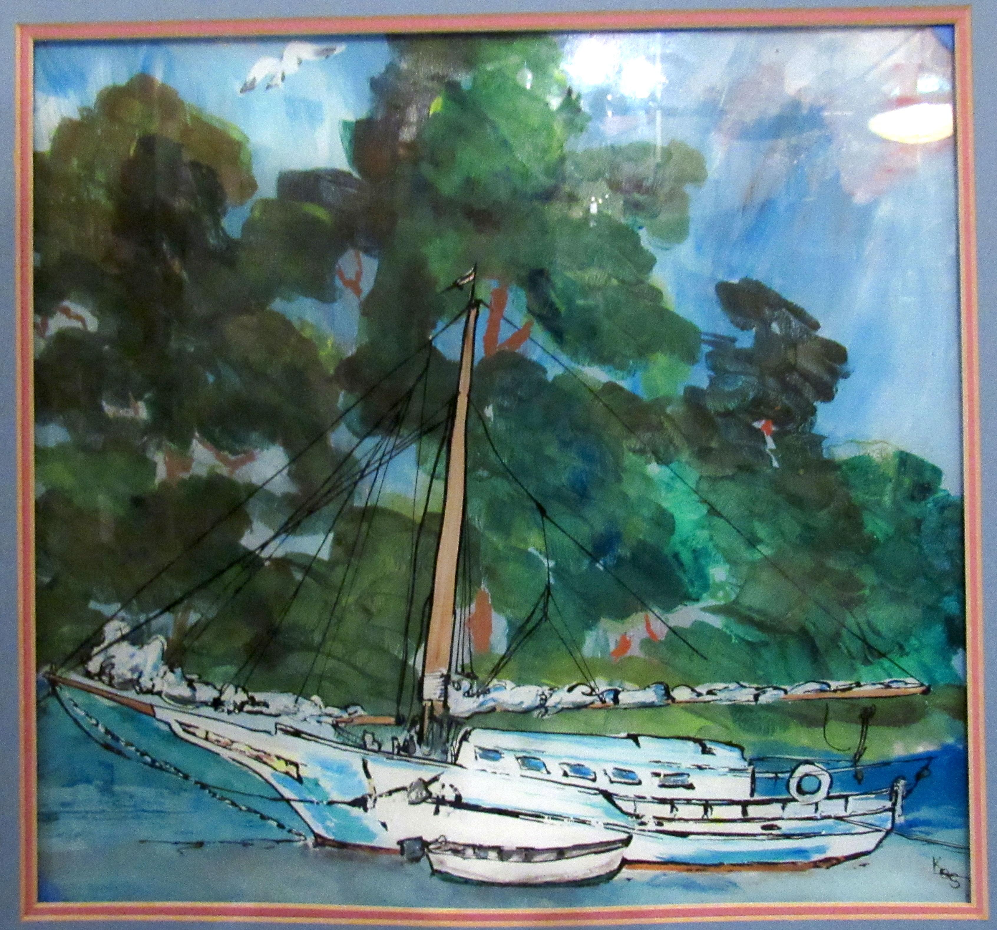 Vintage Modern Boat Painting on Glass For Sale 1
