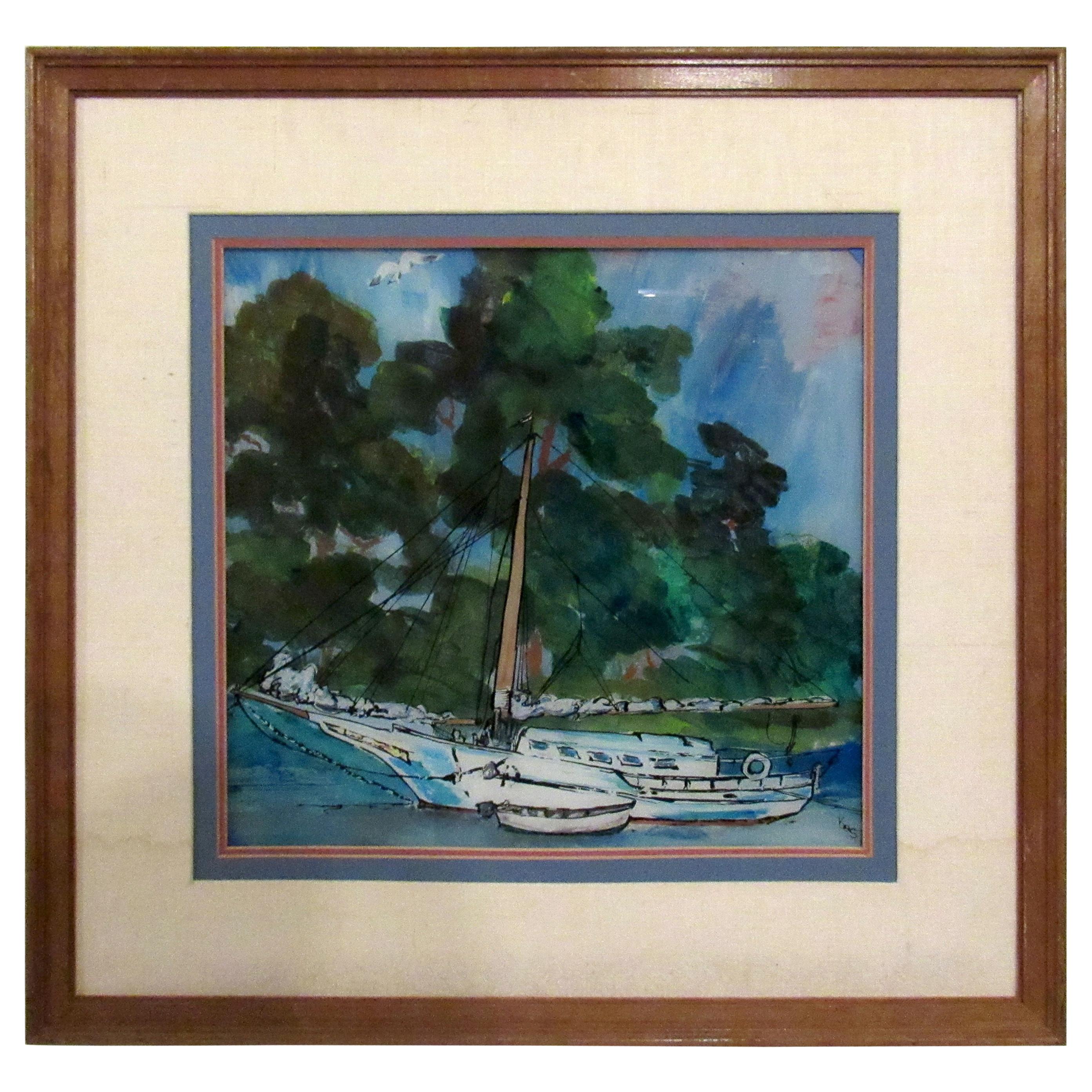 Vintage Modern Boat Painting on Glass For Sale