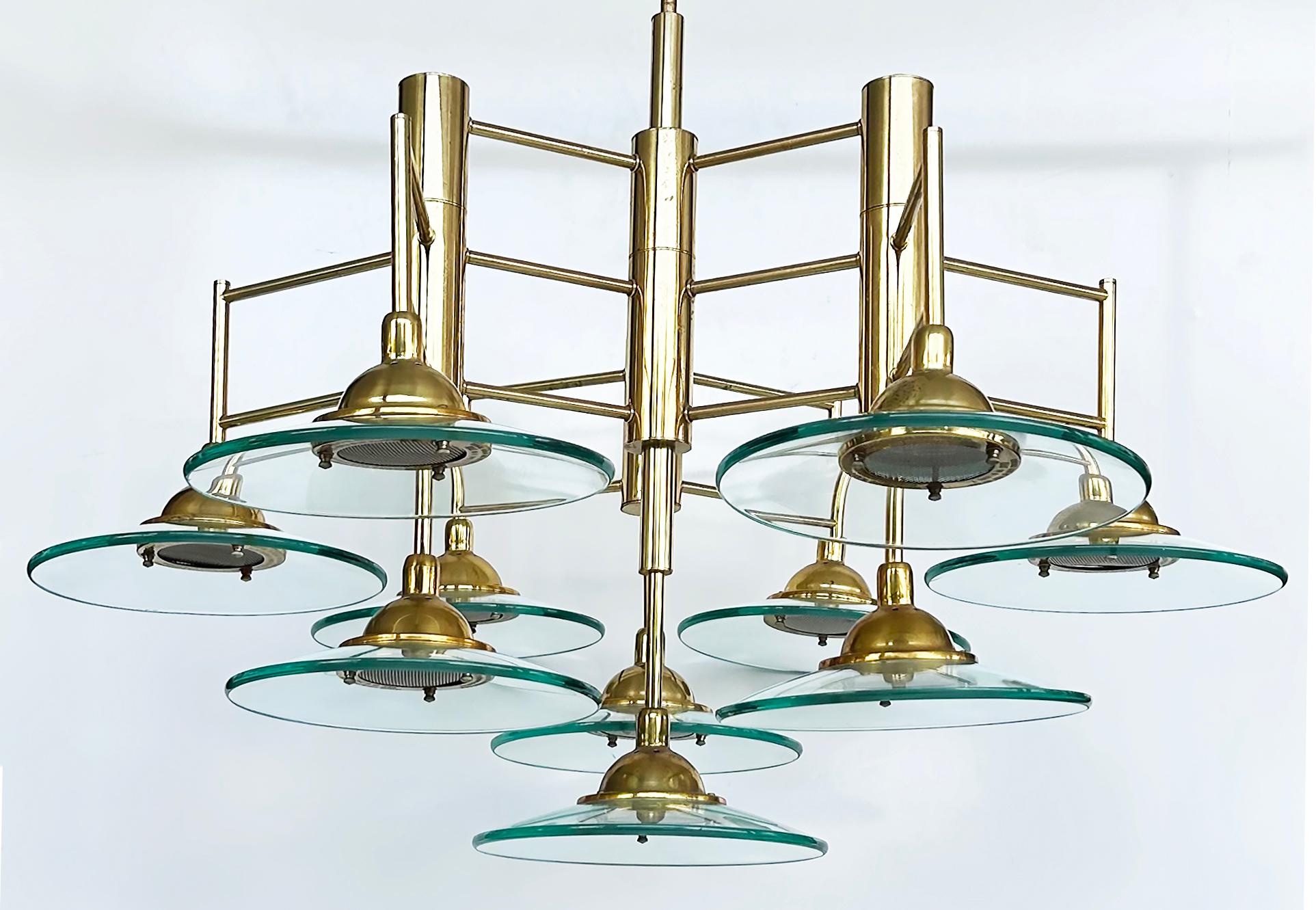 Vintage Modern Brass and Glass 10-Light Chandelier with Multiple Tiers For Sale 8