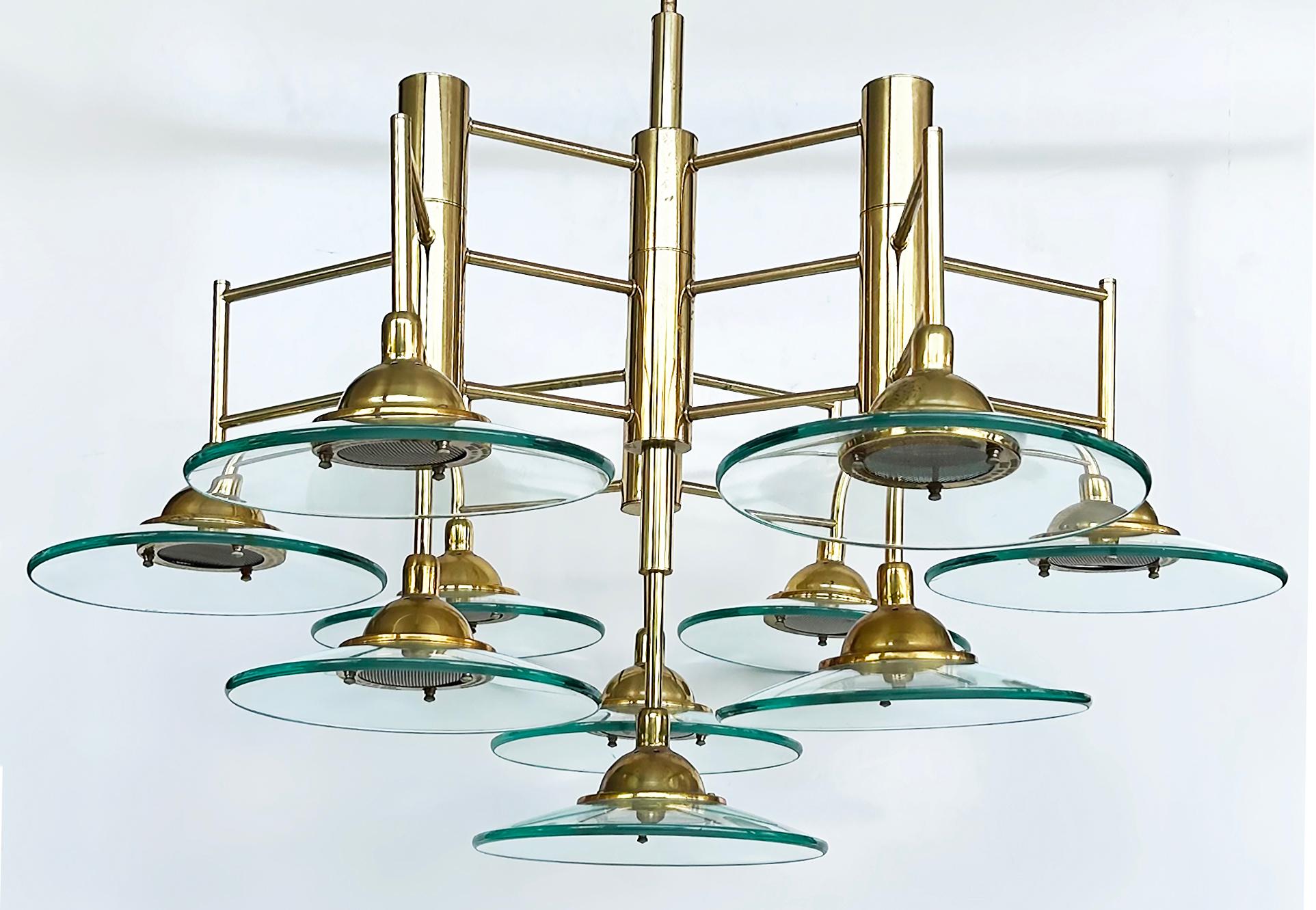 Lampadario moderno d'epoca in ottone e vetro a 10 luci a più livelli in vendita 6