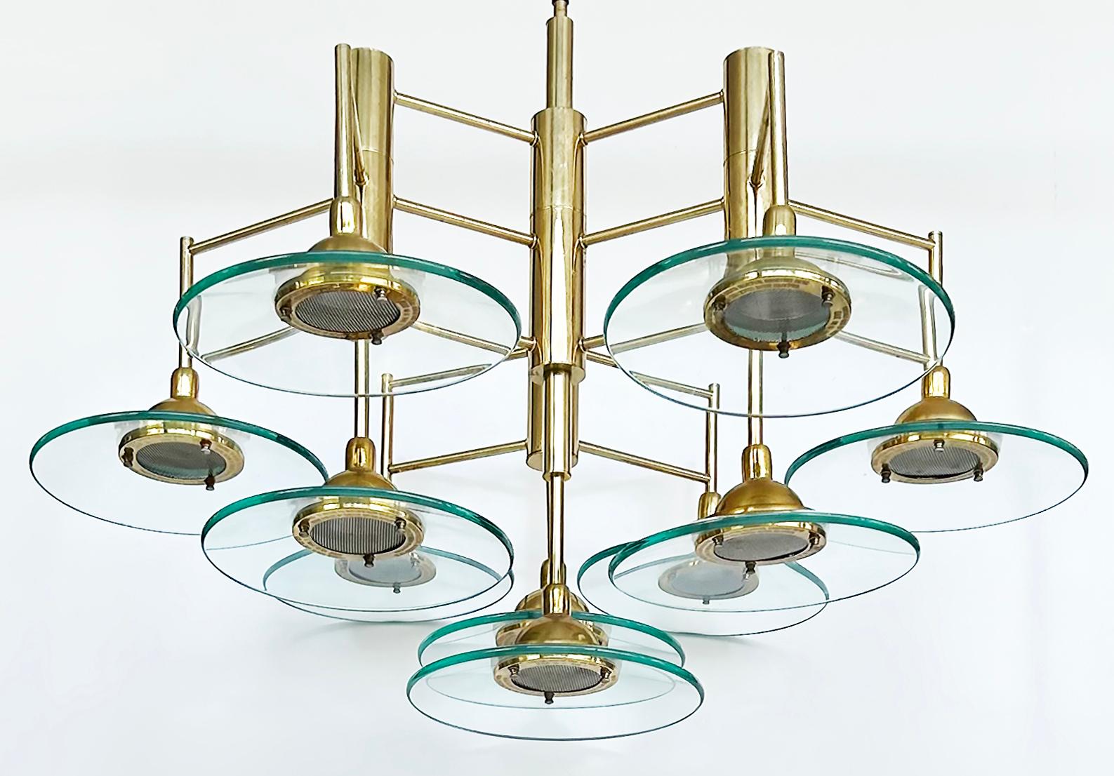 Vintage Modern Brass and Glass 10-Light Chandelier with Multiple Tiers In Good Condition For Sale In Miami, FL