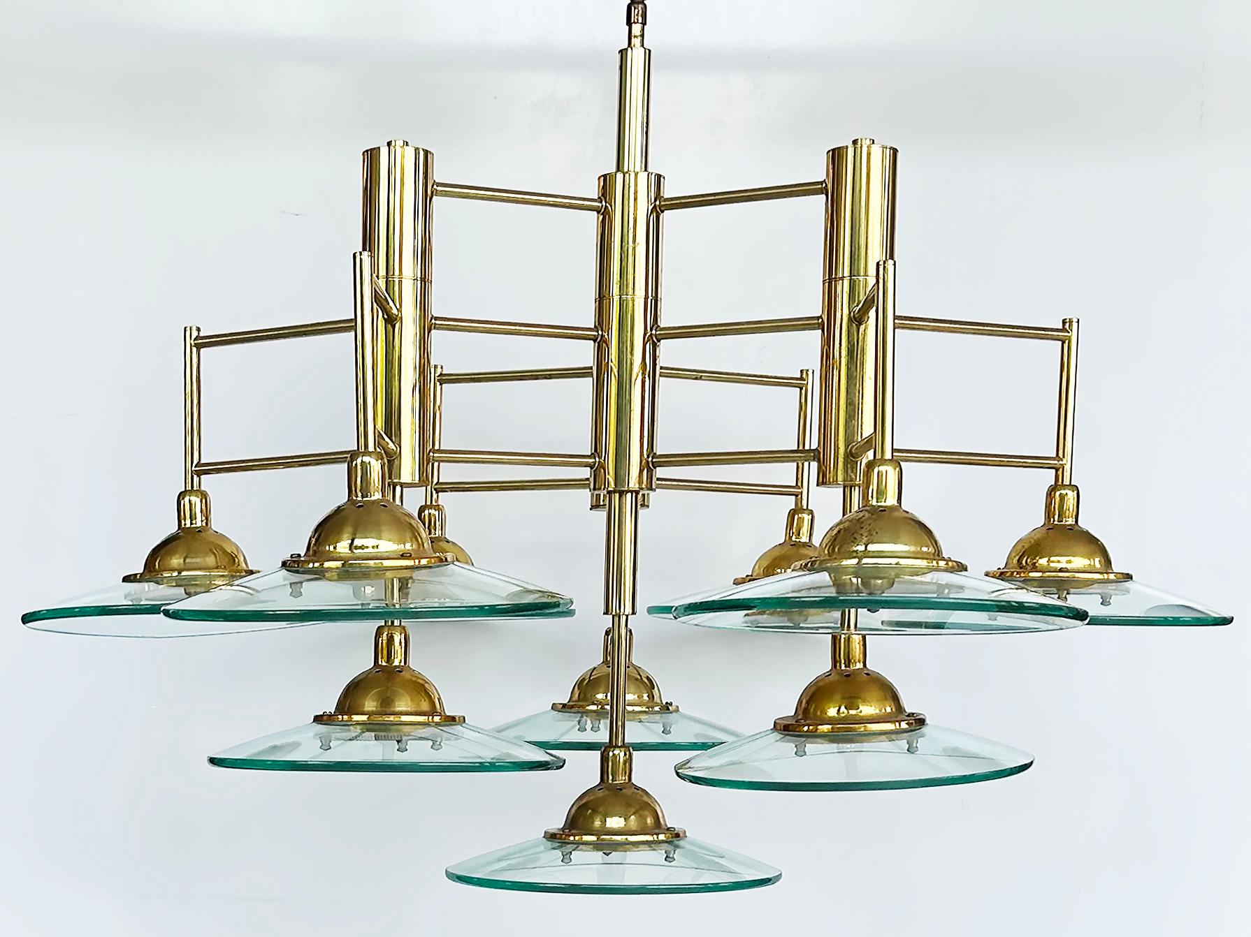 20th Century Vintage Modern Brass and Glass 10-Light Chandelier with Multiple Tiers For Sale