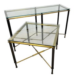 Vintage Modern Brass, Blackened Steel and Glass Sofa Console & Side Table Set