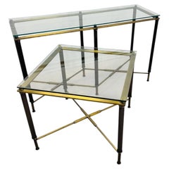 Vintage Modern Brass, Blackened Steel and Glass Sofa Console & Side Table Set