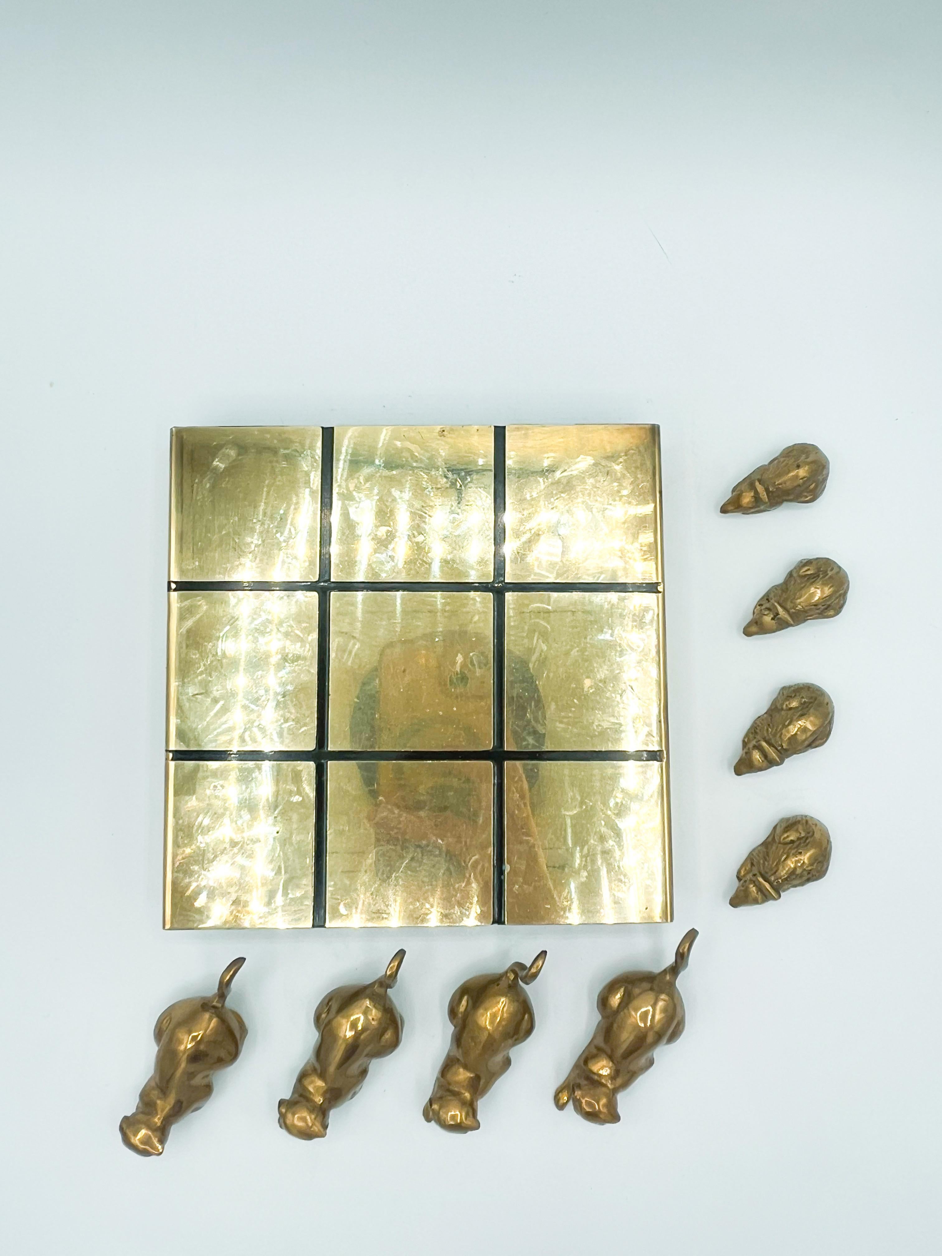 Vintage Modern Brass Cat and Mouse Tic Tac Toe Game Sculpture - 9 Pieces 1970s 4