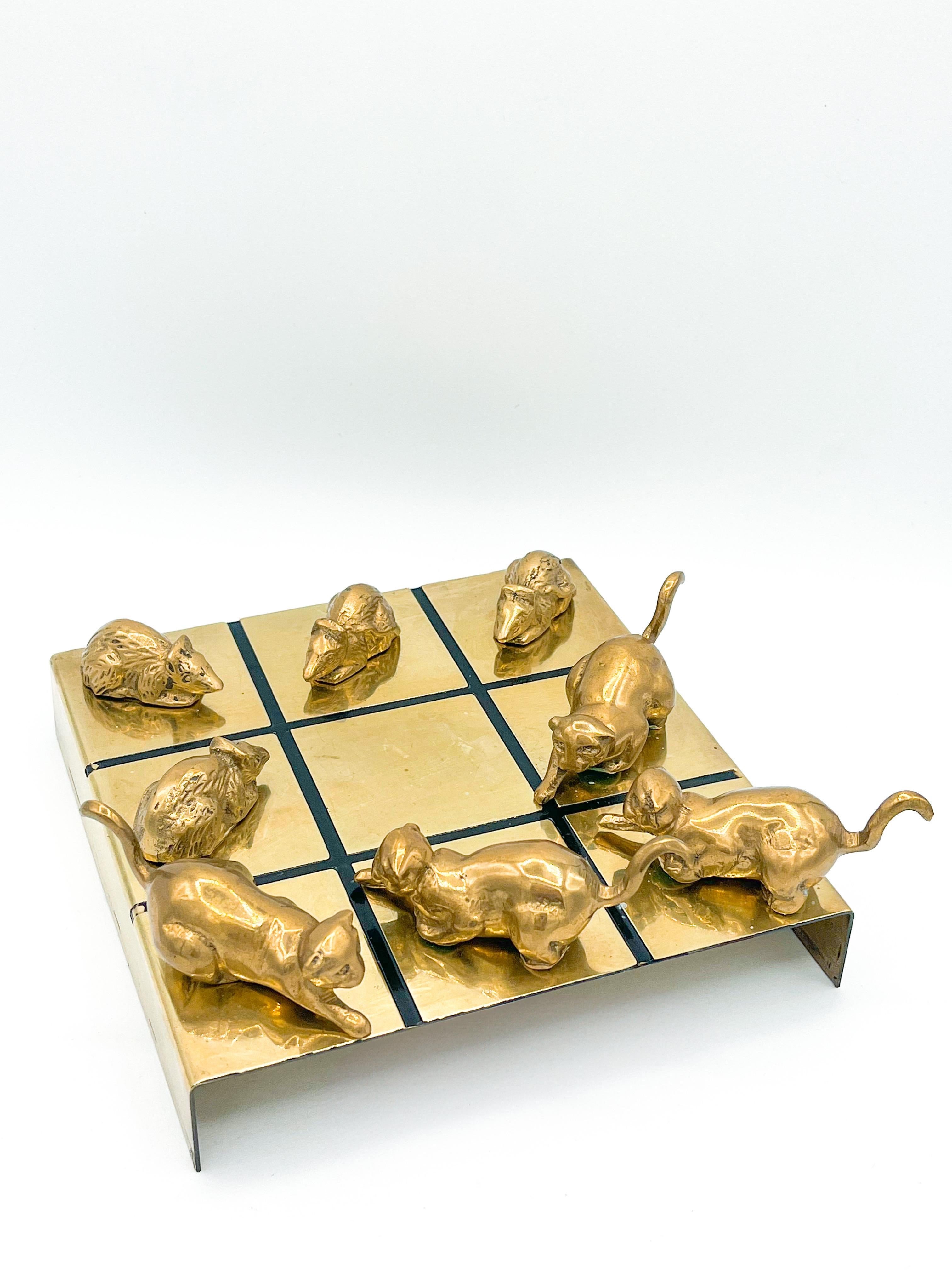 Vintage Modern Brass Cat and Mouse Tic Tac Toe Game Sculpture - 9 Pieces 1970s 7