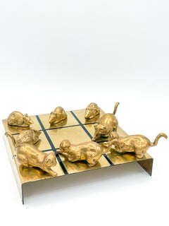 Vintage Modern Brass Cat and Mouse Tic Tac Toe Game Sculpture - 9 Pieces 1970s