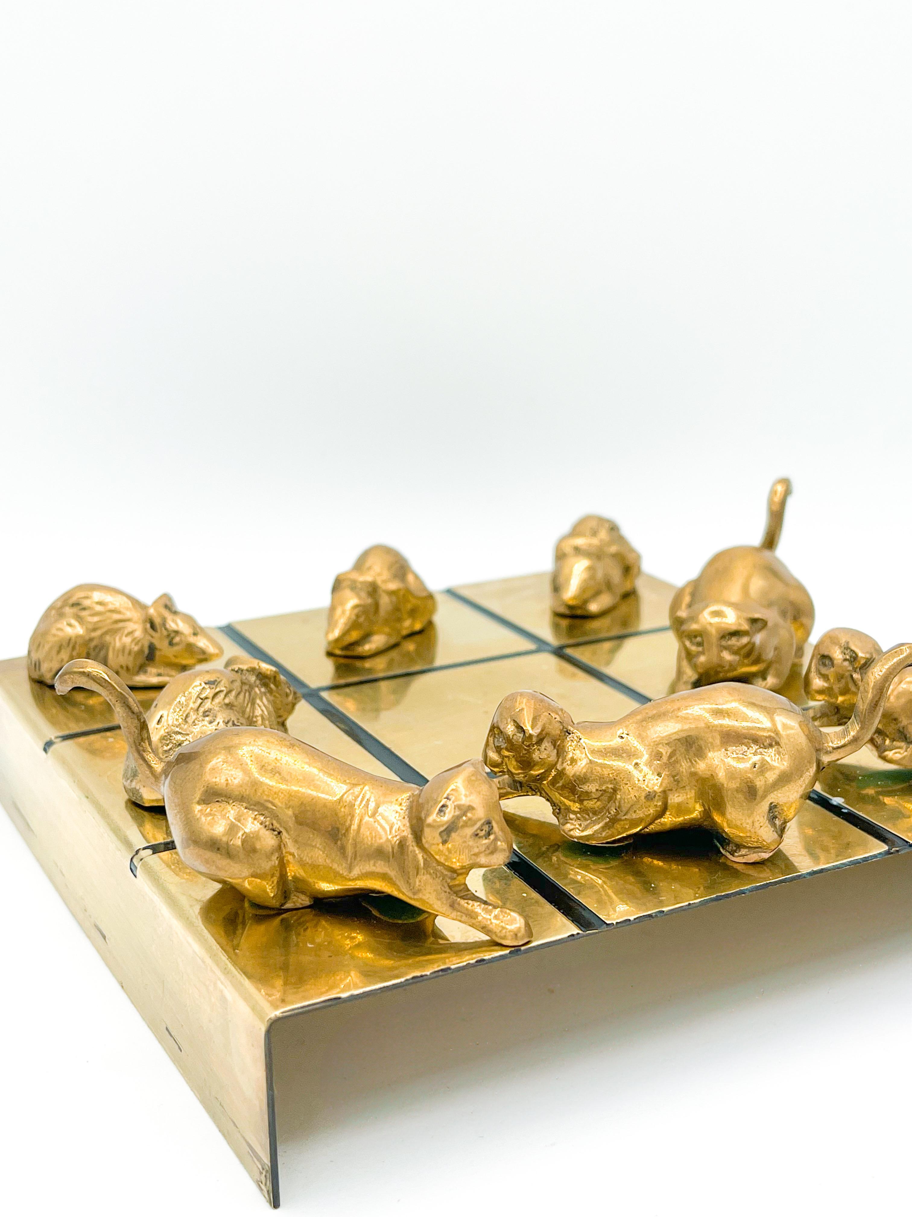 Mid-Century Modern Vintage Modern Brass Cat and Mouse Tic Tac Toe Game Sculpture - 9 Pieces 1970s
