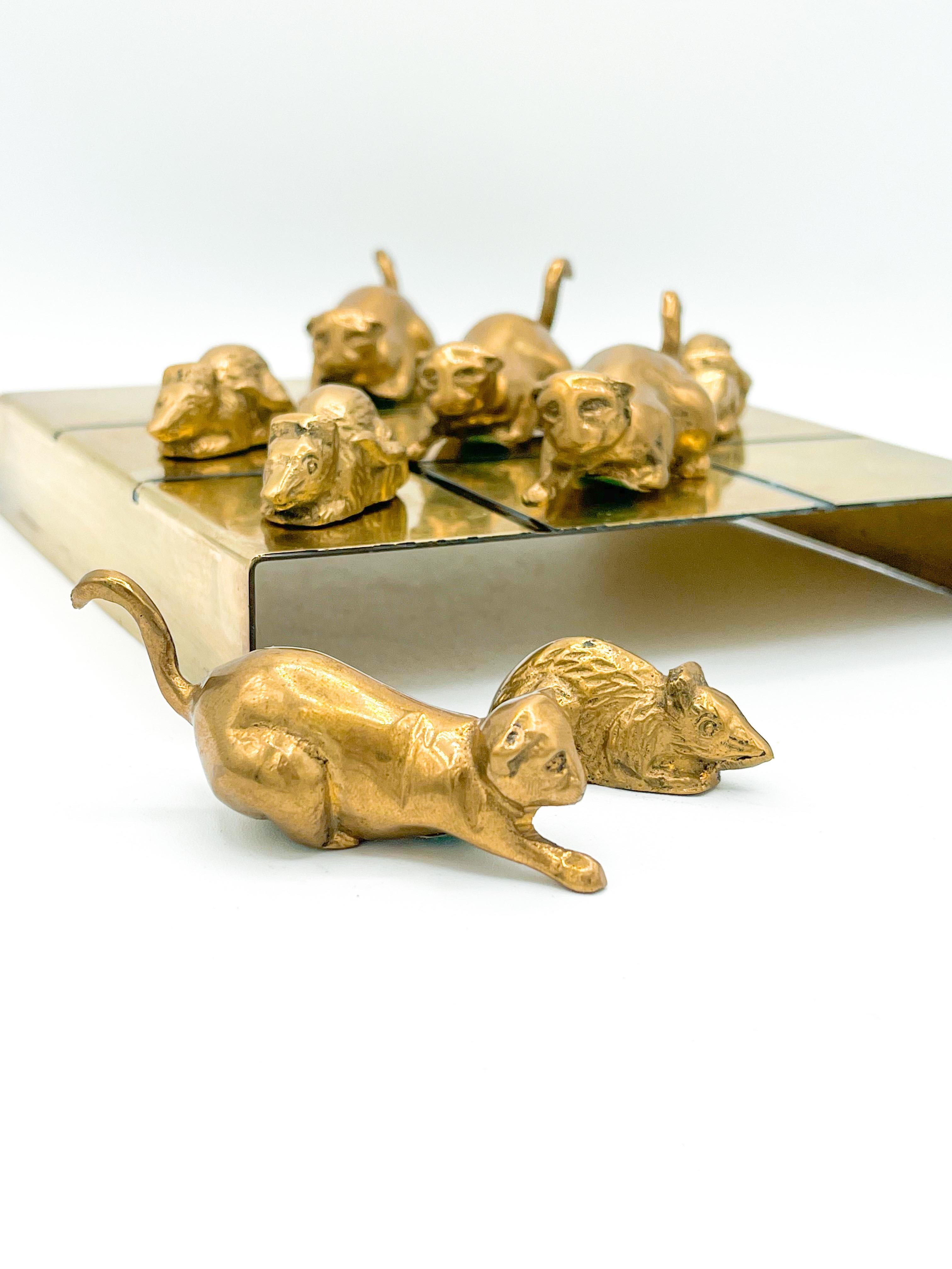 Molded Vintage Modern Brass Cat and Mouse Tic Tac Toe Game Sculpture - 9 Pieces 1970s
