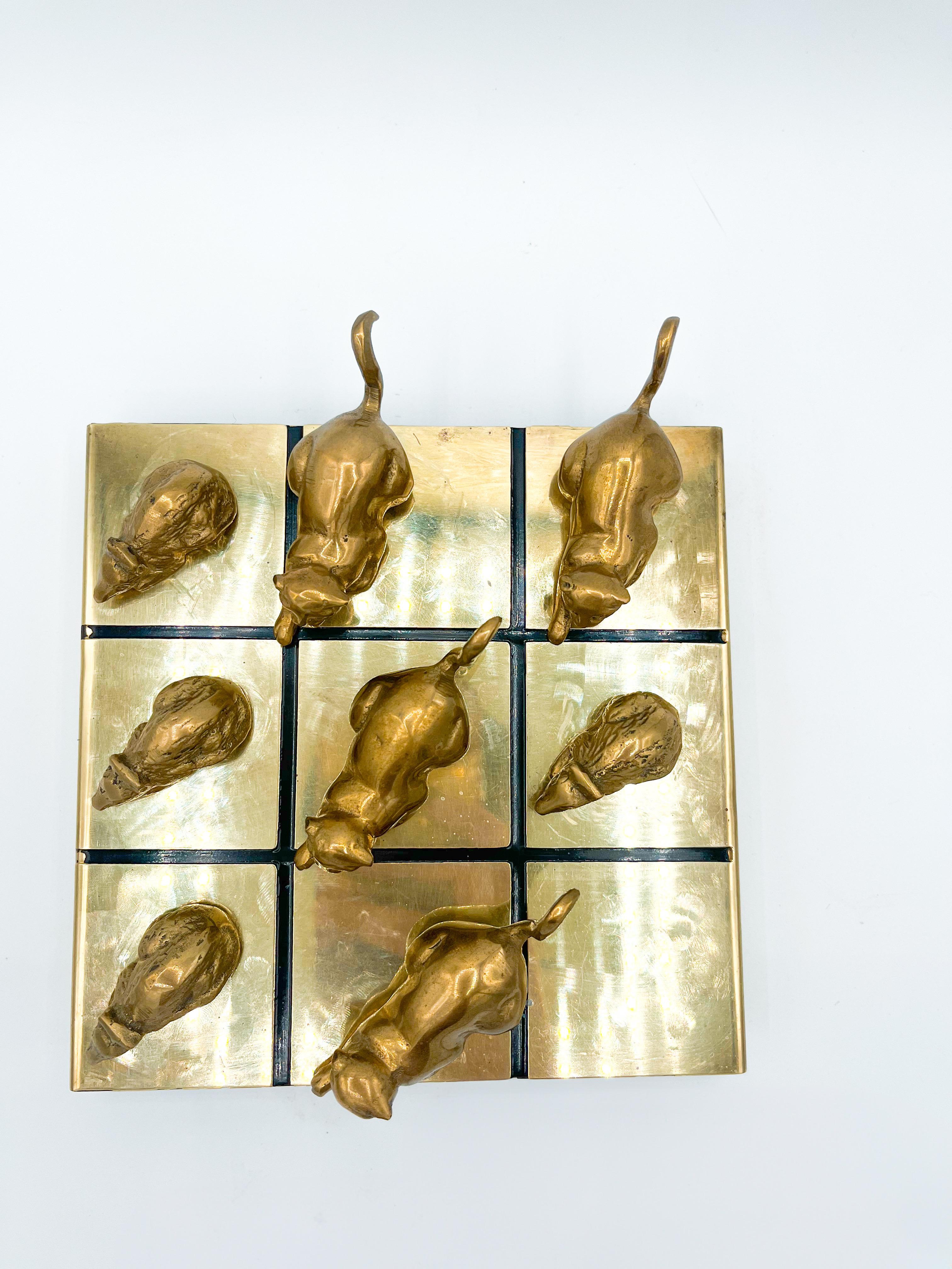 Vintage Modern Brass Cat and Mouse Tic Tac Toe Game Sculpture - 9 Pieces 1970s 2