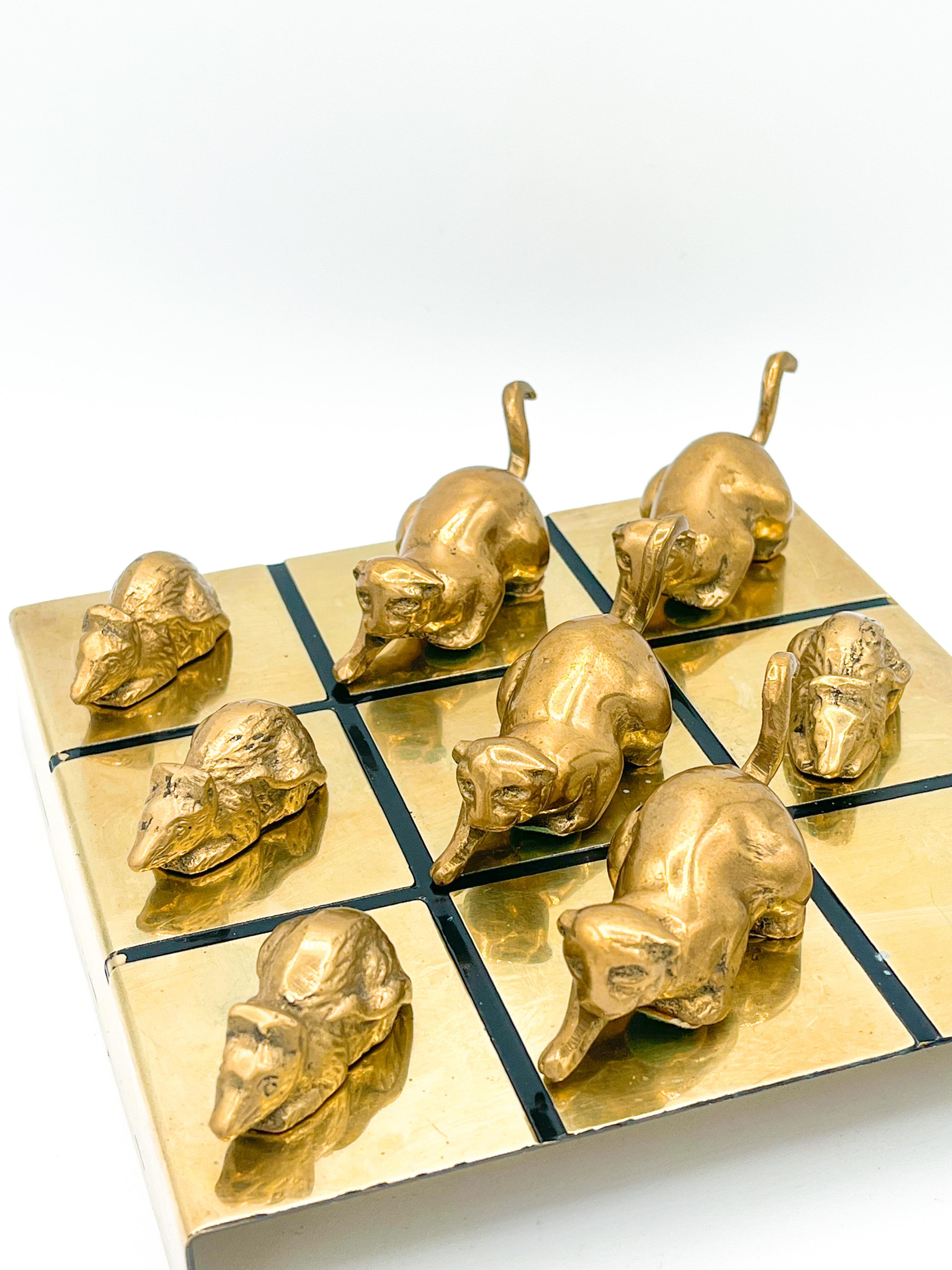 Vintage Modern Brass Cat and Mouse Tic Tac Toe Game Sculpture - 9 Pieces 1970s 3