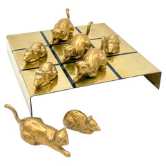 Vintage Modern Brass Cat and Mouse Tic Tac Toe Game Sculpture - 9 Pieces 1970s