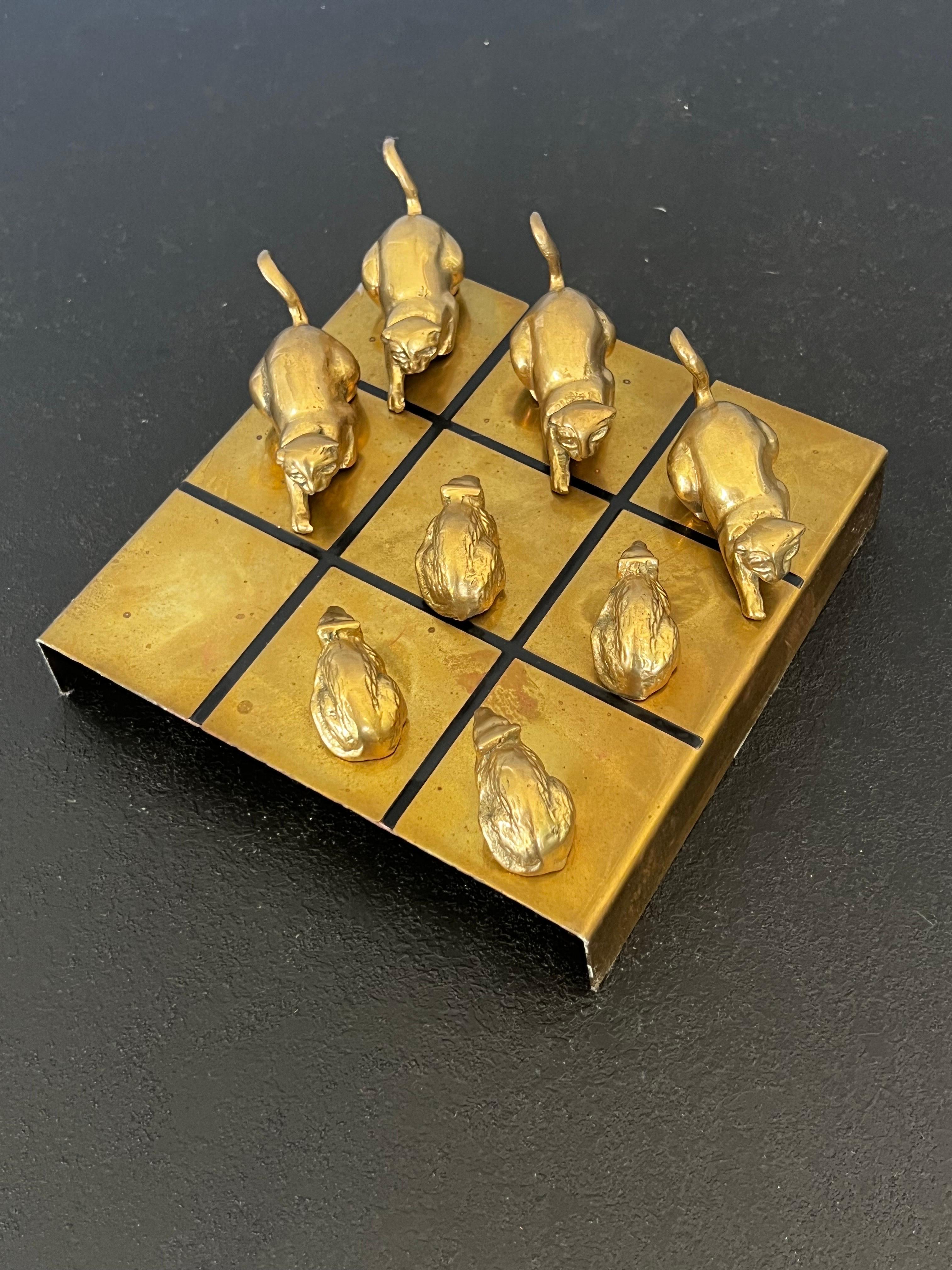 Vintage Modern Brass Cat and Mouse Tic Tac Toe Game/Sculpture 9