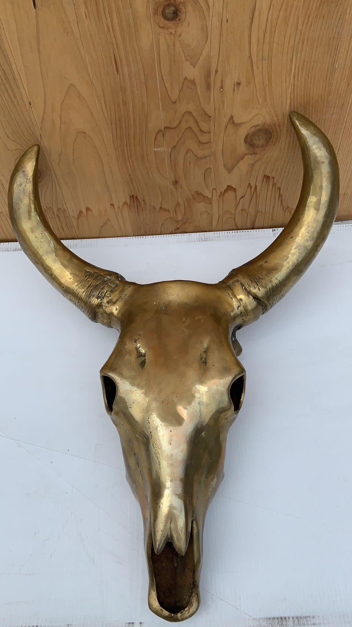 Hand-Crafted Vintage Modern Brass Cow Skull Wall Mounted Sculpture For Sale
